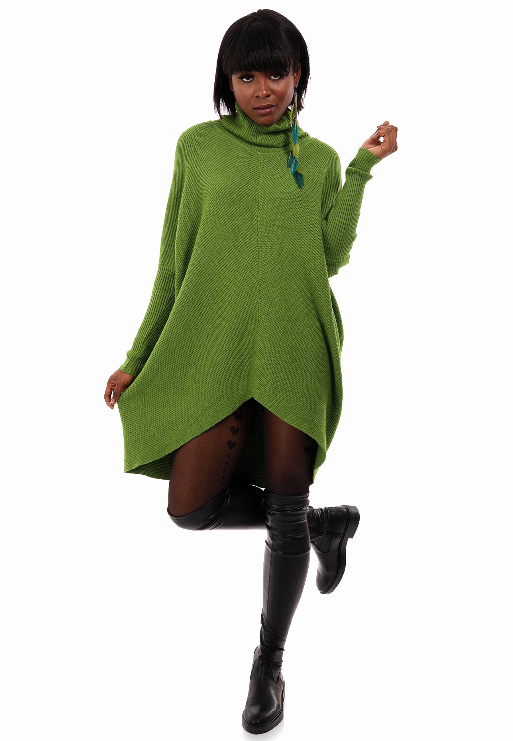 Plus (1-tlg) in YC Strickpullover Rollkragen Longpullover mit asymmetrisch & limegreen mit Size überschnittenen Unifarbe, Fashion Style Schultern