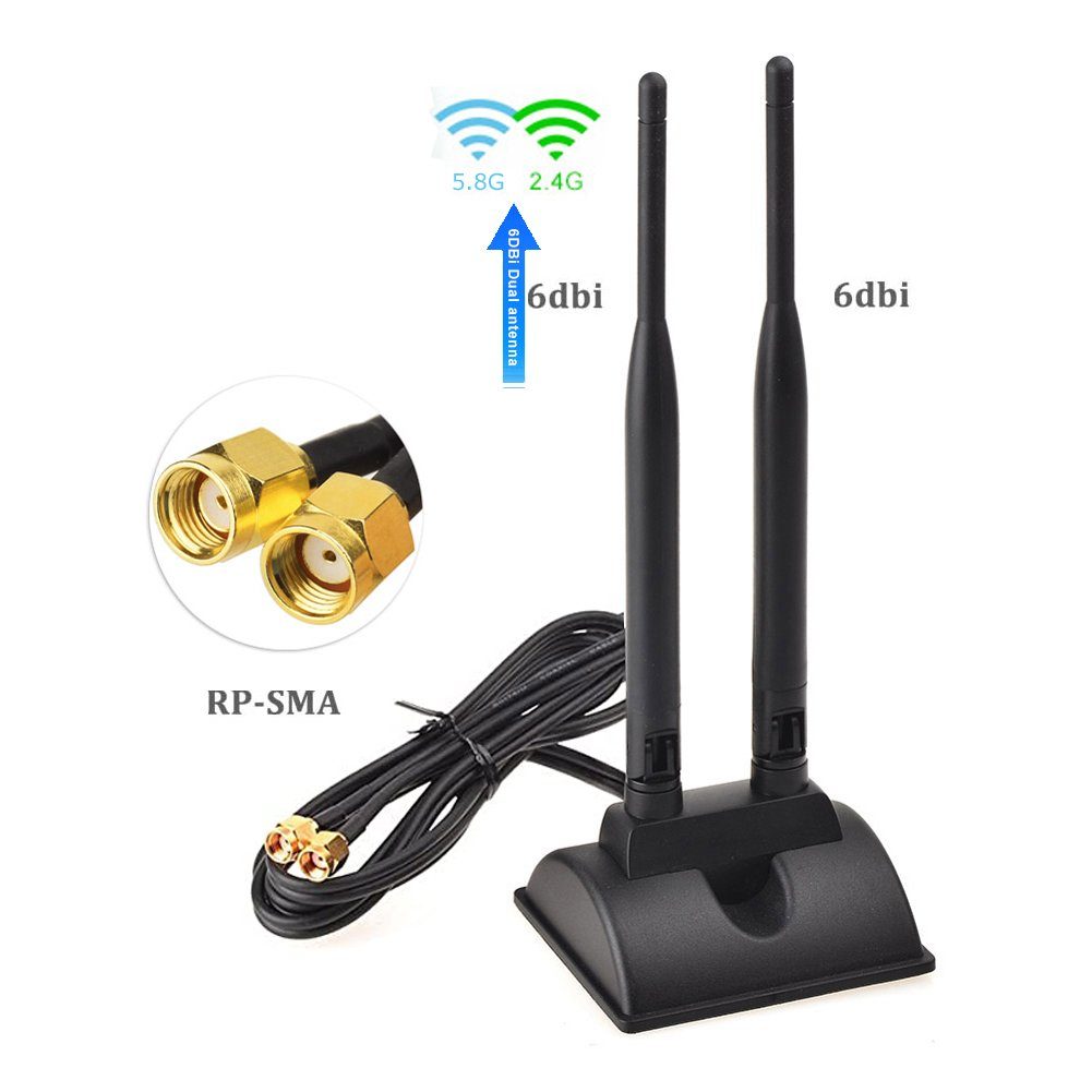 L44C 3m WiFi Antenne 2.4G 5.8G 2x 6dBi RP-SMA Adapter Kabel Standfuss WLAN-Antenne
