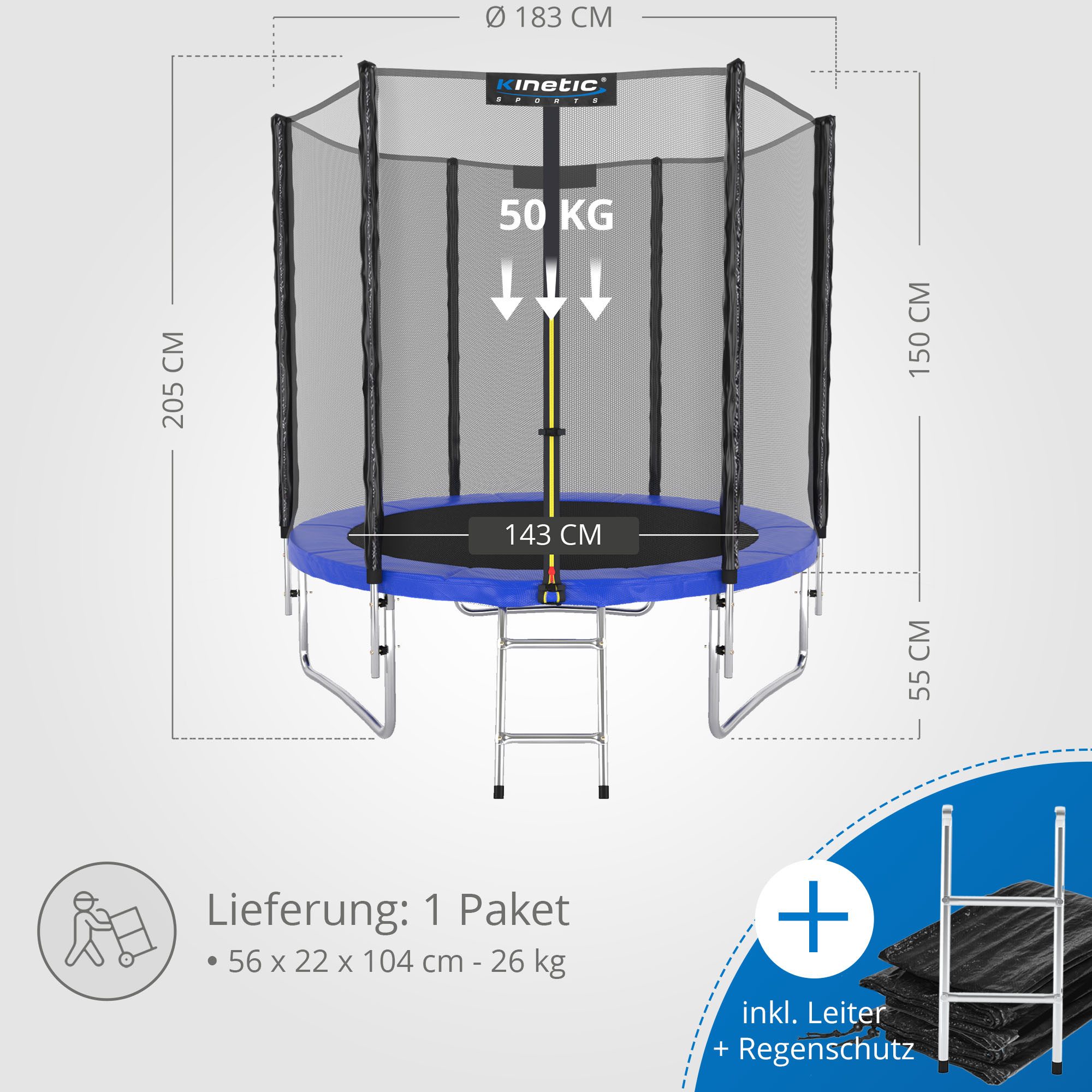 Kinetic Sports Gartentrampolin SALTO PLUS, Ø 183 cm, Komplett-Set mit Leiter, Regenplane, Einstiegsleiter