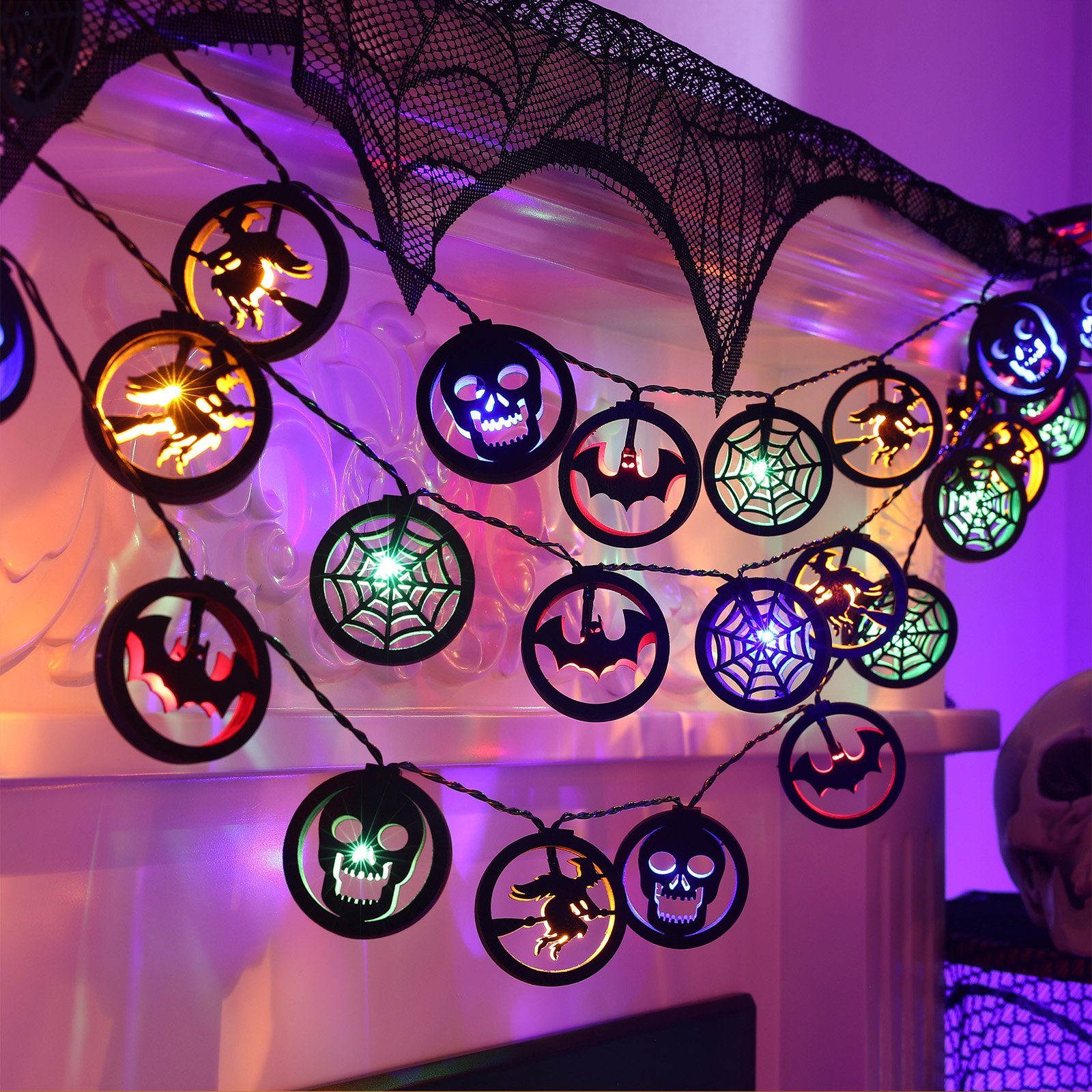 Rosnek LED-Lichterkette 3M, Fledermaus Skelett Hexe, Batterie, für Halloween Party Home Deko