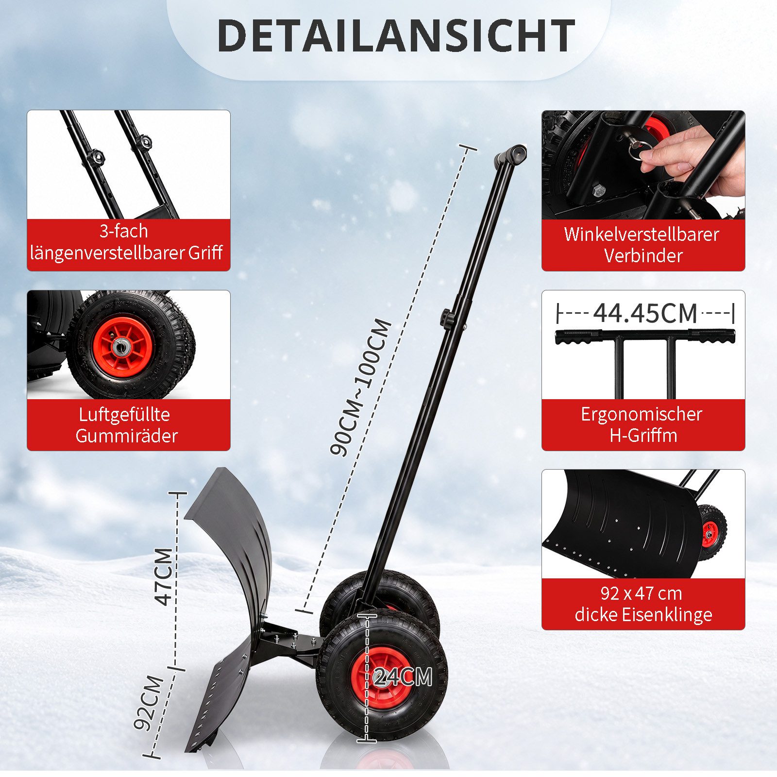 LALAHO Schneeschieber Schneeschaufel mit Rädern & Stiel – Stahlschaufel, 92 cm Arbeitsbreite, mit 100 cm langem Stiel, verstellbare Schubstange, ergonomisch, fü – Bild 2 von 5