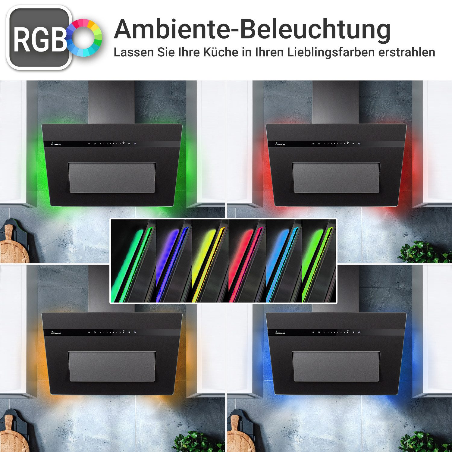 KKT KOLBE Wandhaube Dunstabzugshaube 80cm matt schwarz PLOOM8005S RGBW Ambientebeleuchtung Dunstabzugshaube 80cm matt schwarz PLOOM8005S RGBW Ambientebeleuchtung, Kopffrei / 80cm / Smarte WiFi-App / Schwarz / Glas / Schräghaube