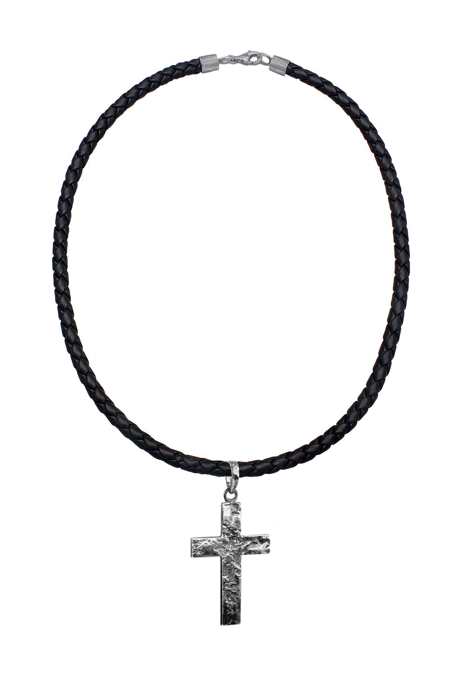 Kuzzoi Kette mit Anhänger Herren Lederkette Kreuz Oxidiert Matt 925 Silber