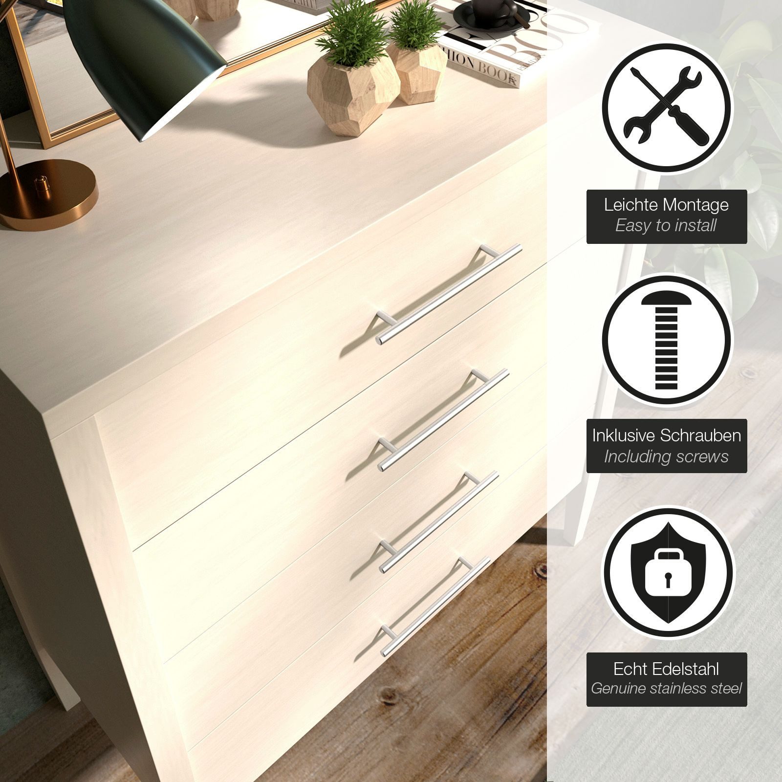 SO-TECH® Möbelgriff Stangengriff G14 echt Edelstahl massiv Ø 10 mm inkl. Schraub, Bohrlochabstand (BA) 96 mm gebürstet Schrankgriff – Bild 5 von 5