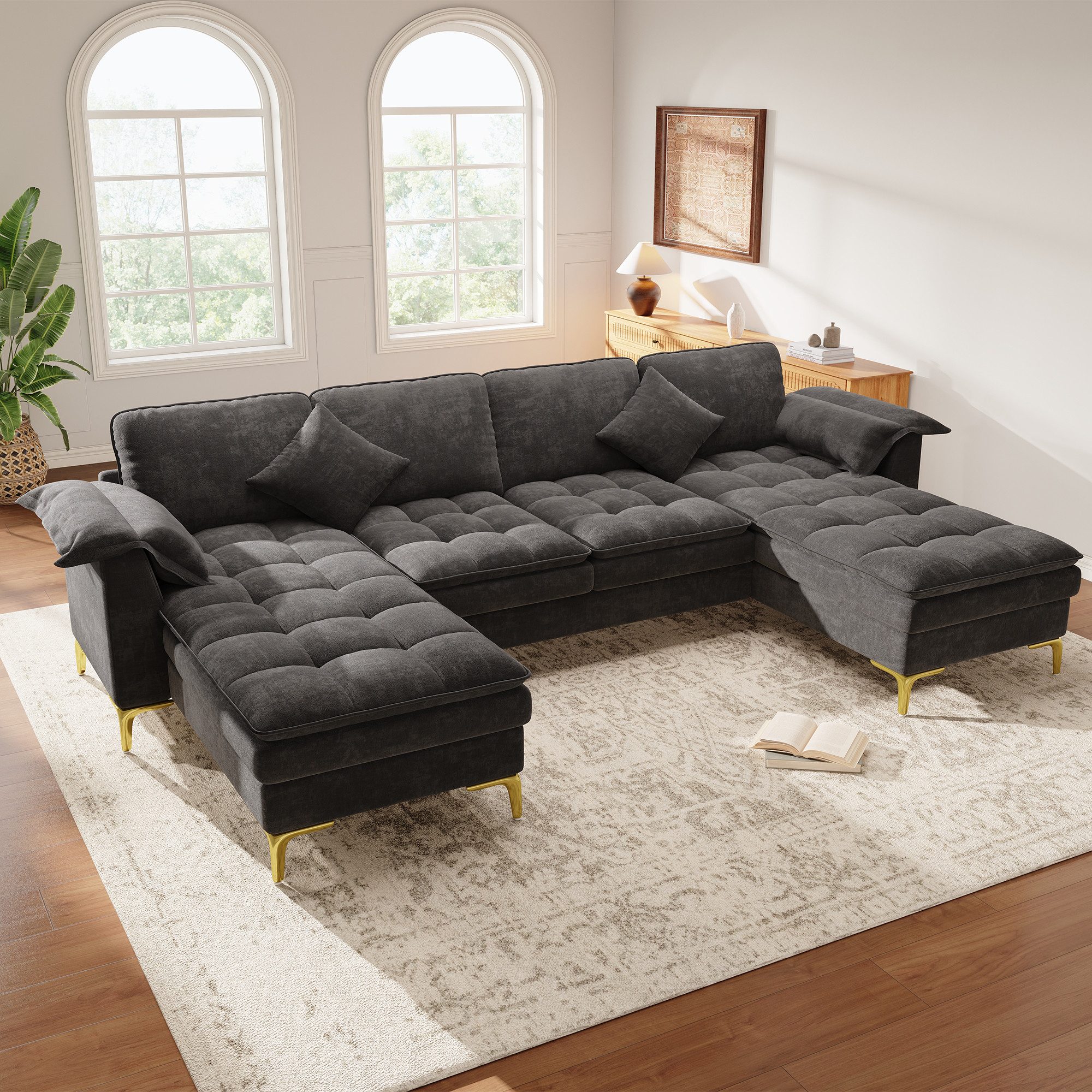 BlingBin Wohnlandschaft U‑förmiges Ecksofa,4‑Sitzer Moduldesign mit Doppellagigen Schaumkissen, Gesamtbelastbarkeit: 600kg, Inkl. 2 Chaiselongues,2 Kissen,Goldene Metallfüße 1 Teile, Lounge-Sofa-Set mit Cloud‑Optik für Wohnzimmer, Chenille, Grau