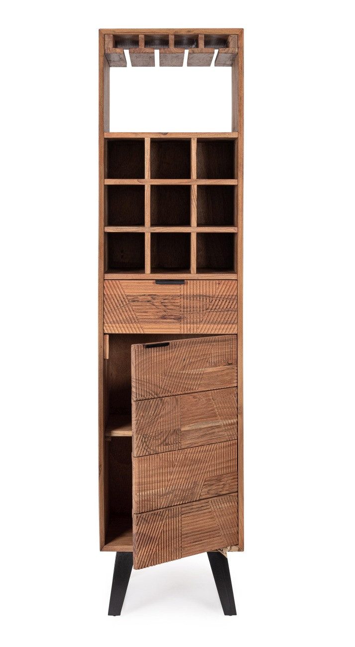 Feeling4Home Barschrank Isar aus Akazienholz, 180 cm Fronte aus handgefertigten Schnitzereien