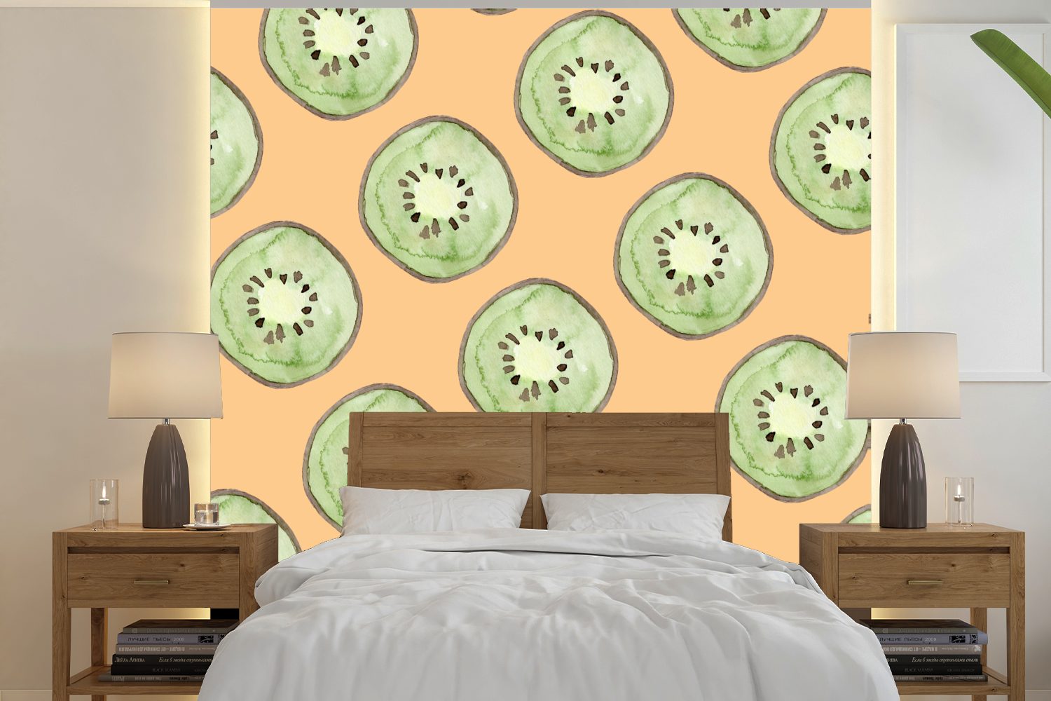 MuchoWow Fototapete Kiwi - Obst - Aquarell - Schablonen, Matt, bedruckt, (5 St), Vinyl Tapete für Wohnzimmer oder Schlafzimmer, Wandtapete