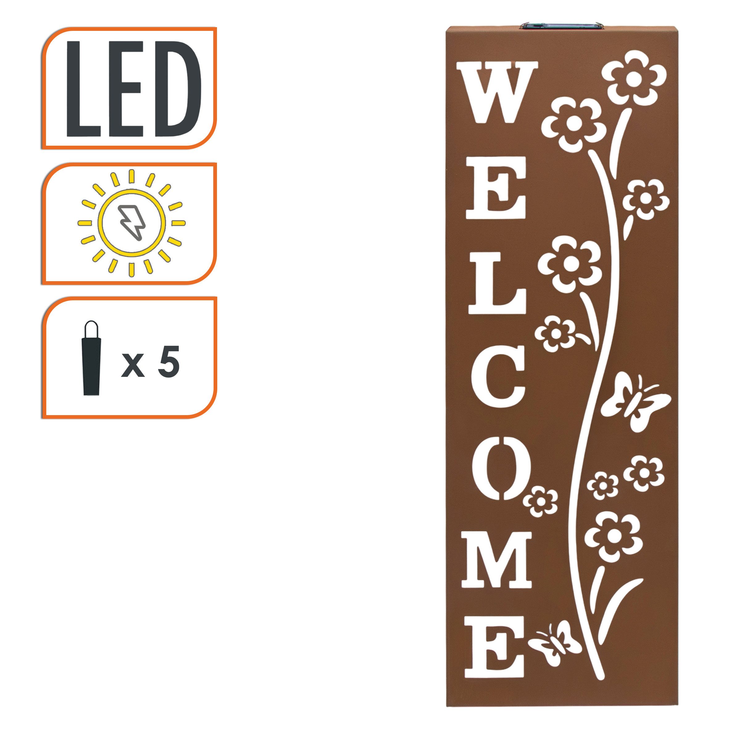 Spetebo LED Wandleuchte Metall WELCOME in Rost Optik - 61 x 20 cm, Solar, LED fest integriert, warm weiß, Inklusive austauschbarem Akku