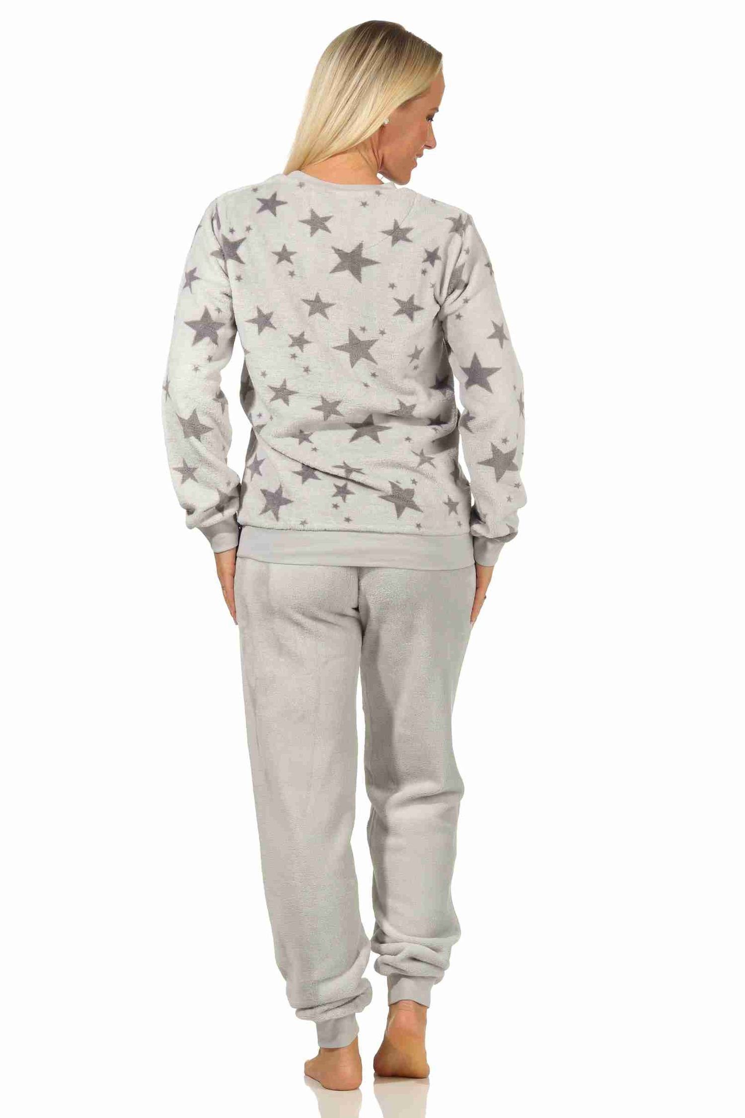 Normann Pyjama Damen Coralfleece Pyjama und als Sternen grau mit Bündchen langarm Motiv