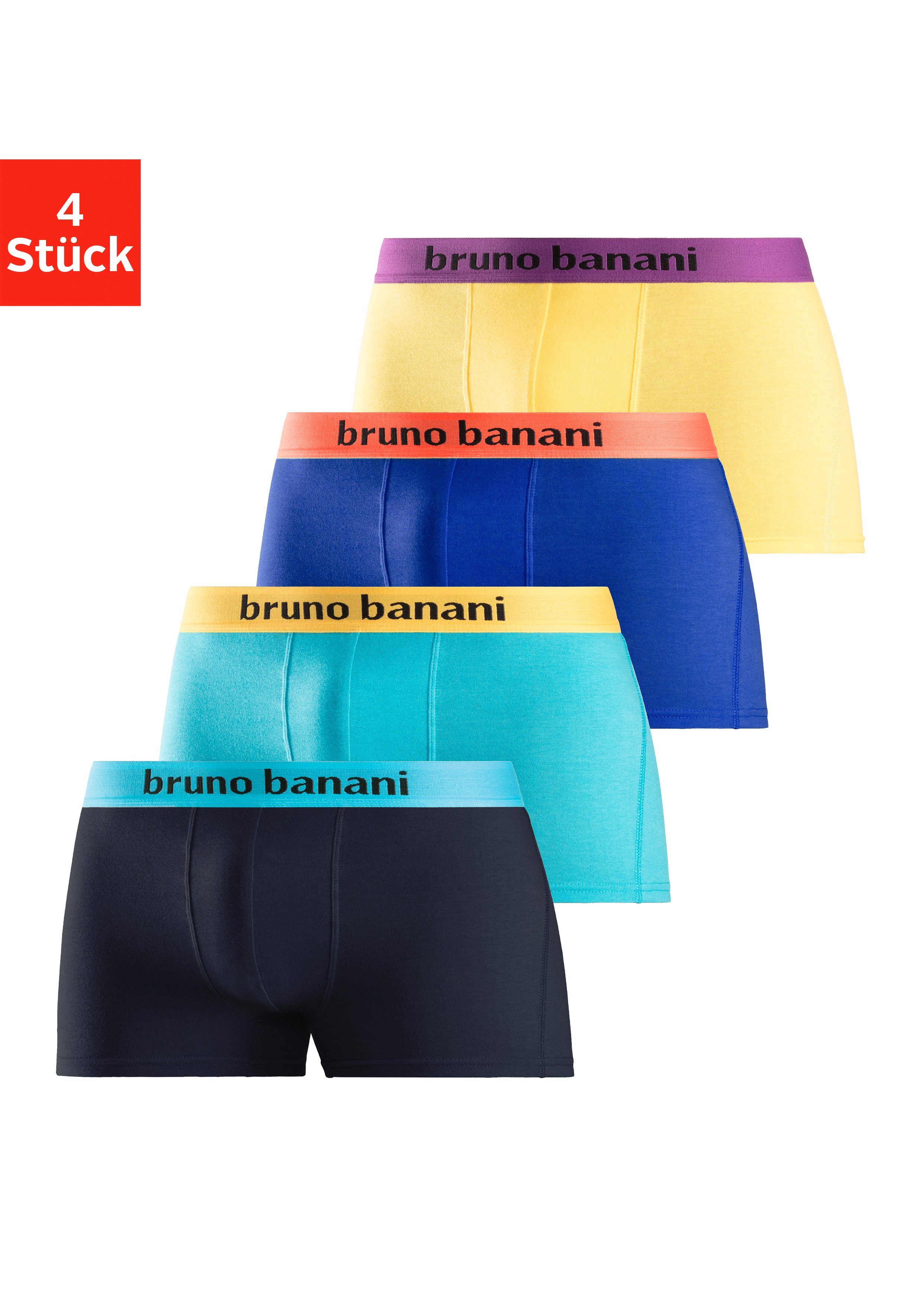 Bruno Banani Boxer (Packung, 4-St) mit farbigen Marken-Schriftzug am Bündchen gelb, türkis, royalblau, navy