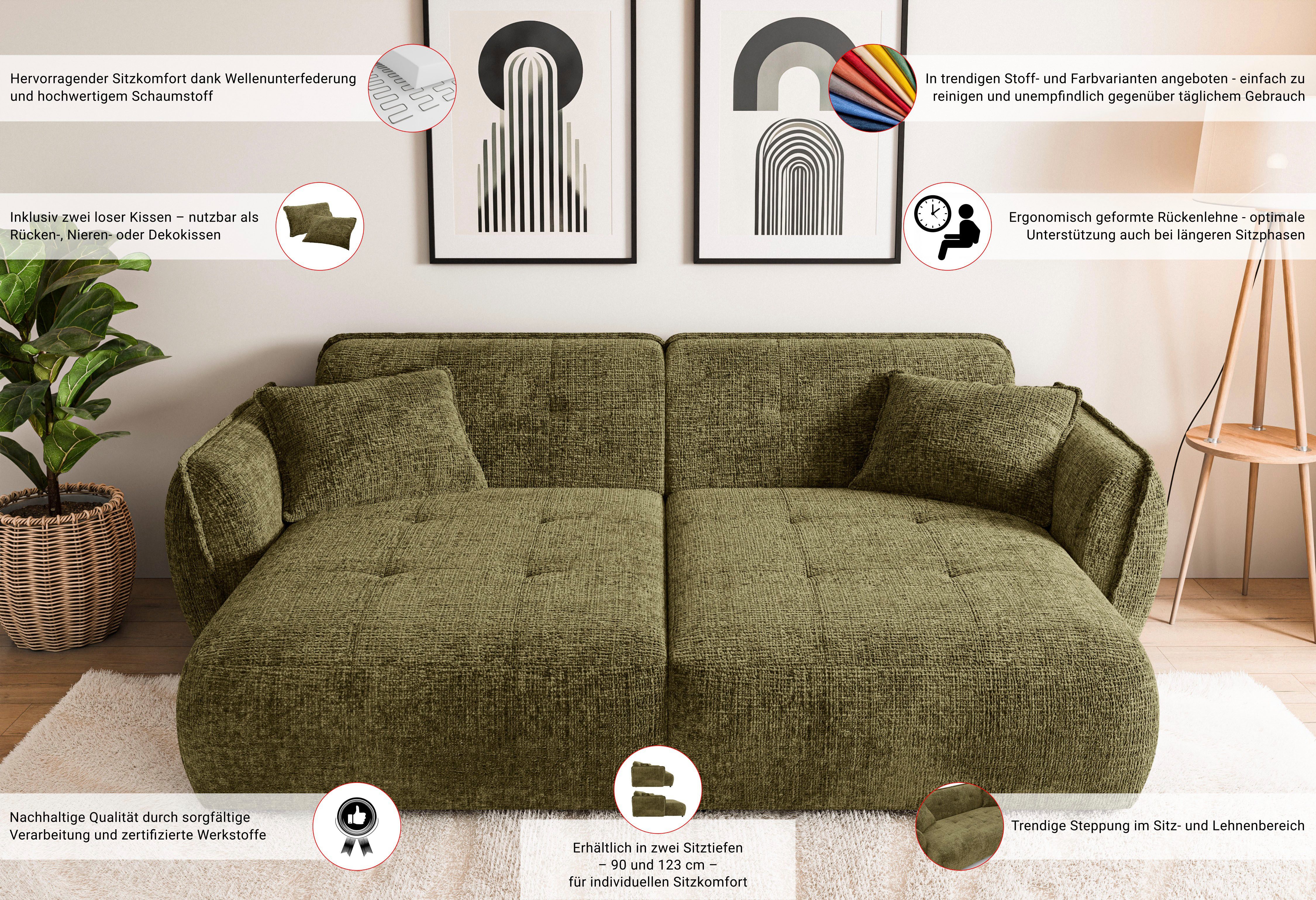 Home affaire Big-Sofa MIRELDA Design-Sofa mit Steppungen, extra tief, Breite 251 cm, elegant und bequem, enthält 2 Zierkissen, belastbar bis 480kg