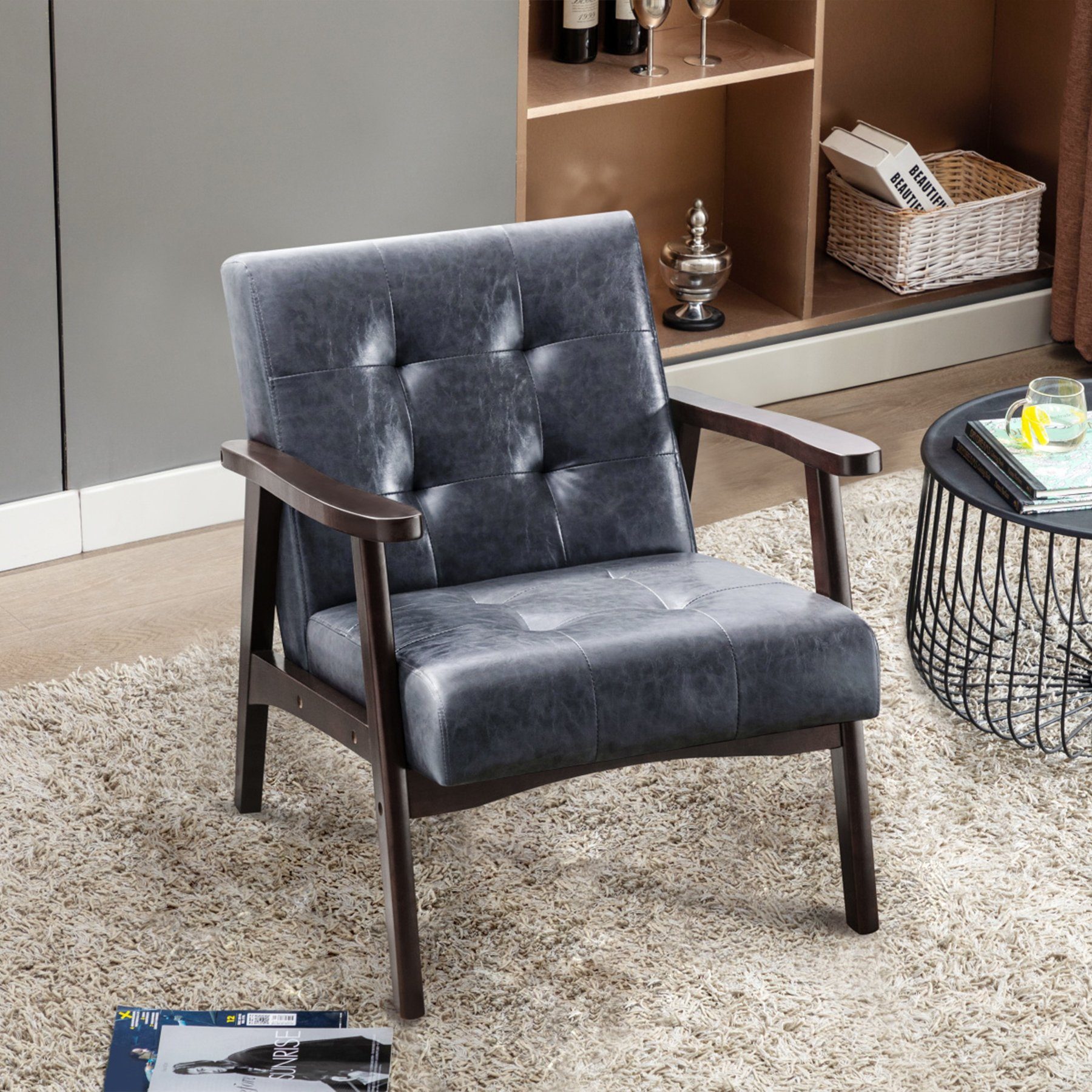 HomeMiYN Loungesessel Retro Holzsessel Loungesessel Polsterstuhl Wohnzimmer mit Armlehnen