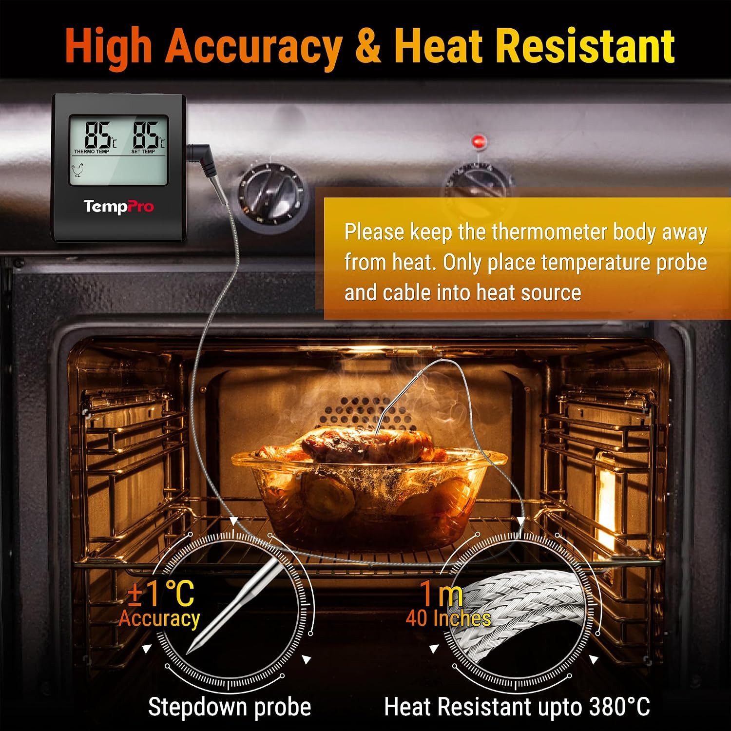ThermoPro Grillthermometer TP16, Grillthermometer mit Sonde, Timer, Alarm, bis 300 °C, LCD