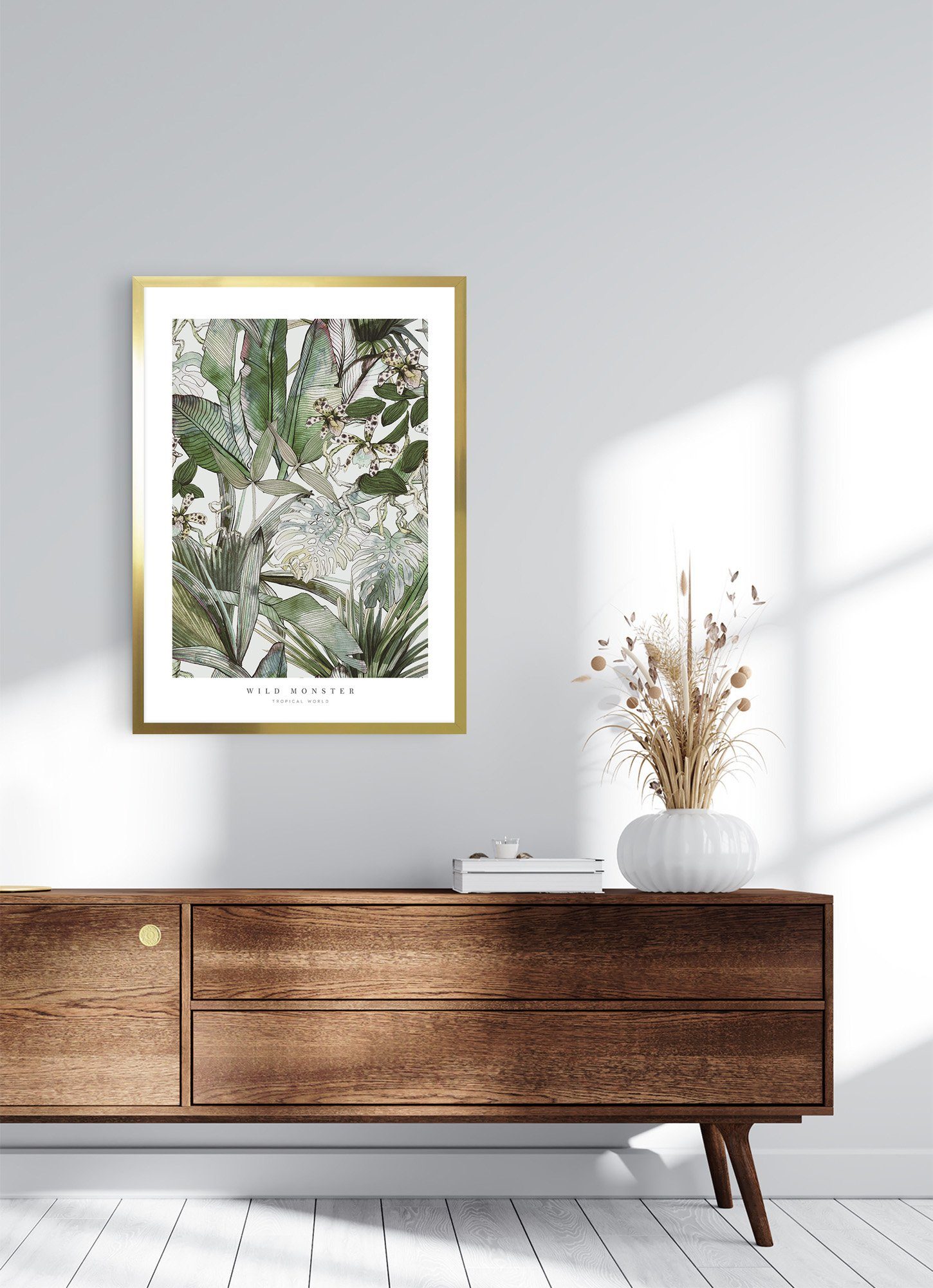 (1 Rahmen, cm Kunstdruck Blattwerk 60x90 - Bild Glas gold Ideas ohne Home beschichtet Bild | Dschungel Rahmen mit Palmen grün Cosy Wandbild Stück), mit Blumen