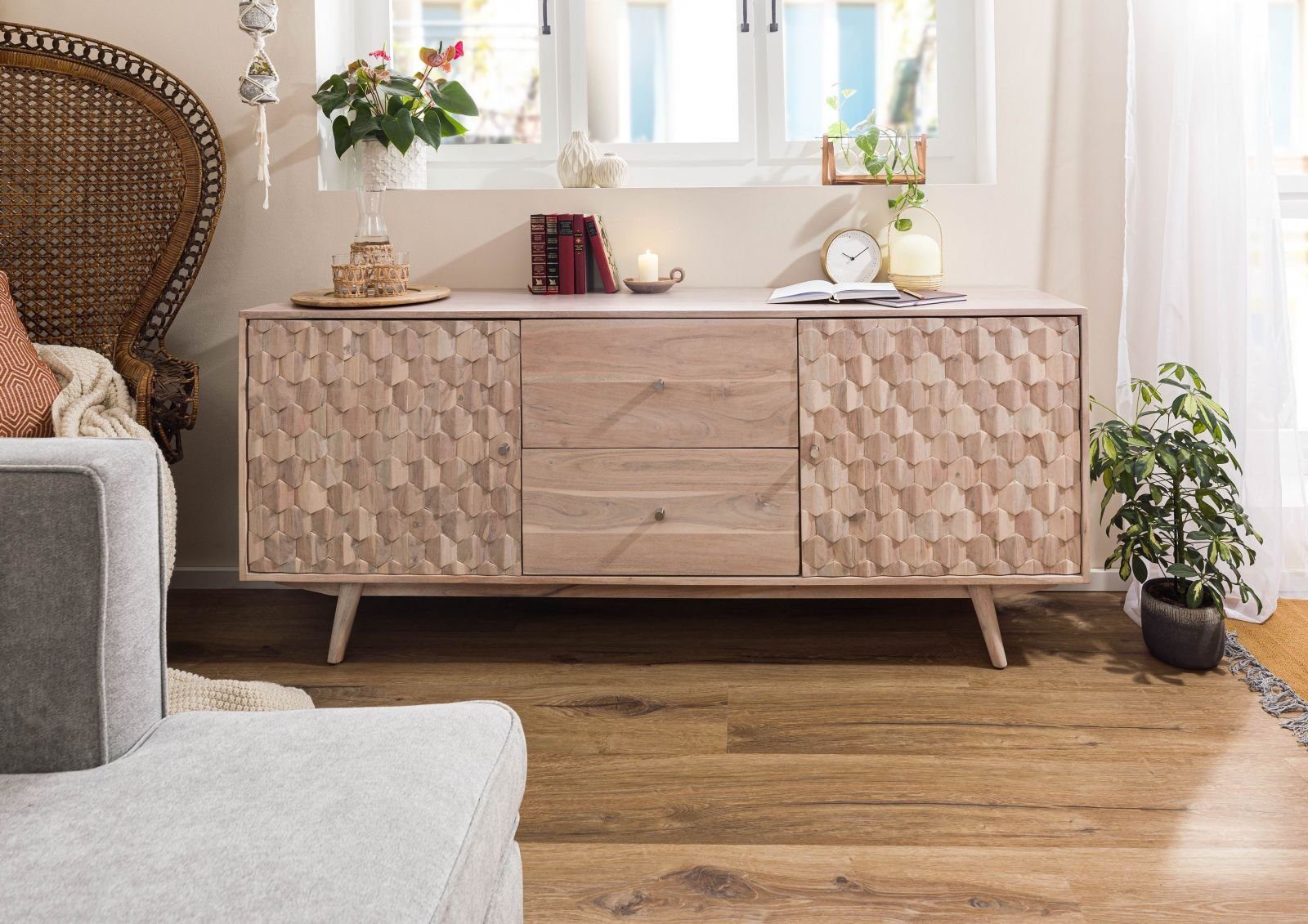 Massivmoebel24 Sideboard MOSAYK (Massivholz), Sideboard Akazie 180x42x75 weiß lackiert MOSAYK #200