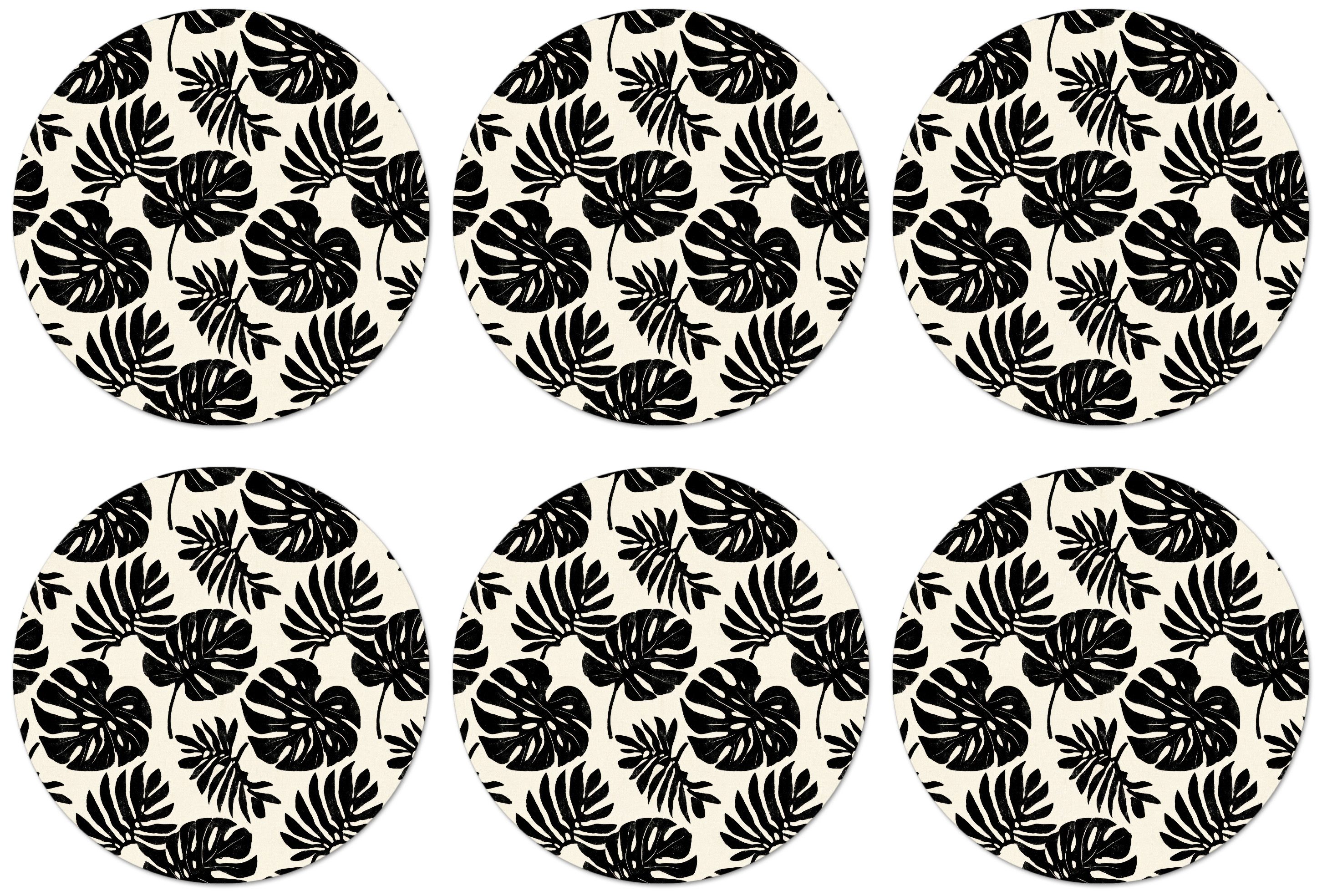 MuchoWow Glasuntersetzer Modern - Monstera - Schwarz, Zubehör für Gläser, 6-tlg., Getränkeuntersetzer, Rund, Tassenuntersetzer Kork, 10x10 cm