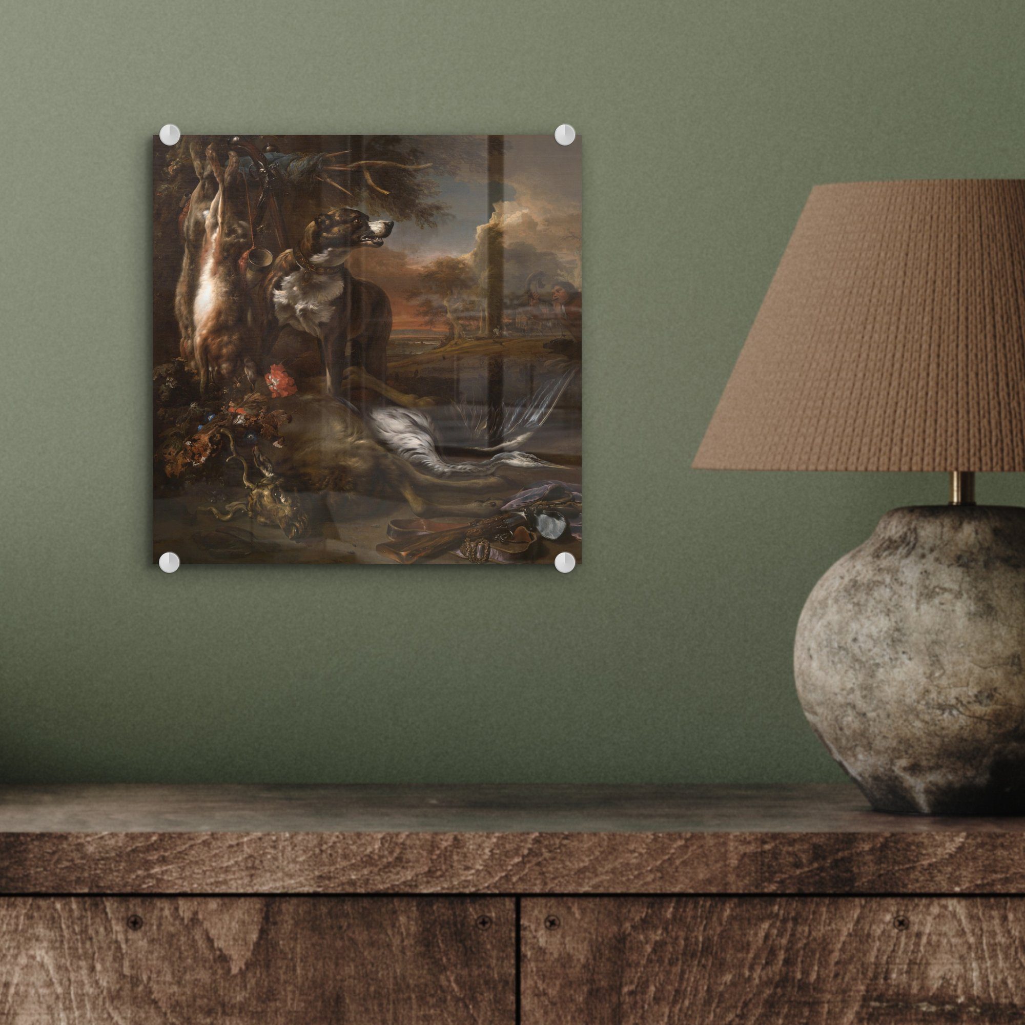 auf Wild - Bilder (1 Jan Acrylglasbild mit - Glas St), Glas Wanddekoration Foto Jagdwerkzeug - Ein Deerhound - Wandbild Weenix, erlegtem und MuchoWow Glasbilder auf