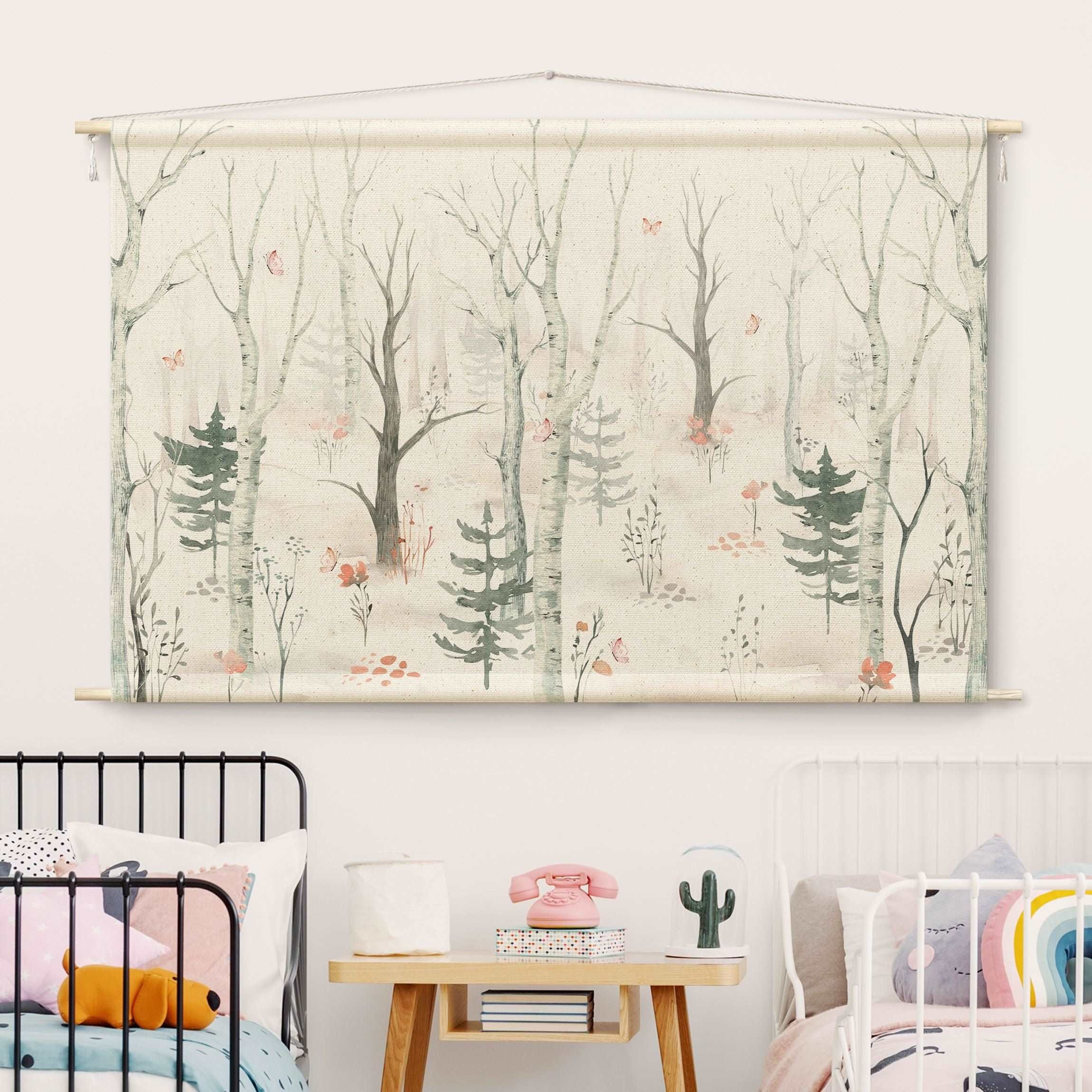 Bilderdepot24 Wandteppich Kinderzimmer modern Wald Natur Tiere Schmetterlinge beige, rechteckig, Höhe: 2.6 mm, großes Wandbild aus Natur-Baumwolle Wandbehang Stoffbild Tuch Wollseil