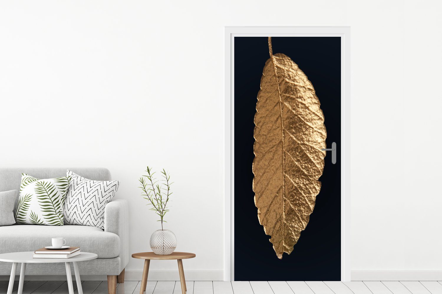 Türaufkleber, Fototapete Tür, Türtapete Luxus - (1 St), MuchoWow bedruckt, Gold - Natur, cm - Blätter Matt, - für Schwarz 75x205