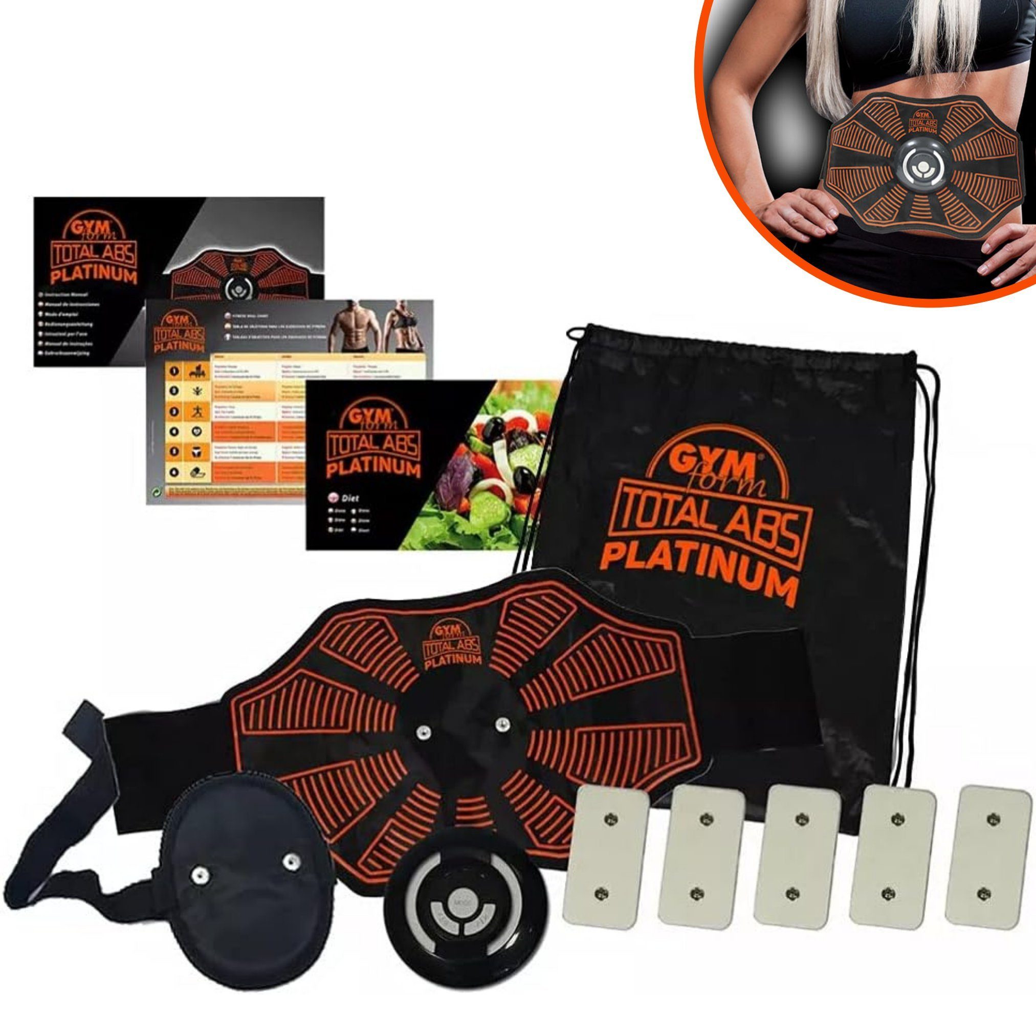 Gymform® EMS-Bauchmuskeltrainer Total Abs Platinum Sport, (Spar-Set, mit oder ohne extra Universal Ersatzpads), EMS Trainer elektrischer Gürtel - Bauchmuskeltrainer Set