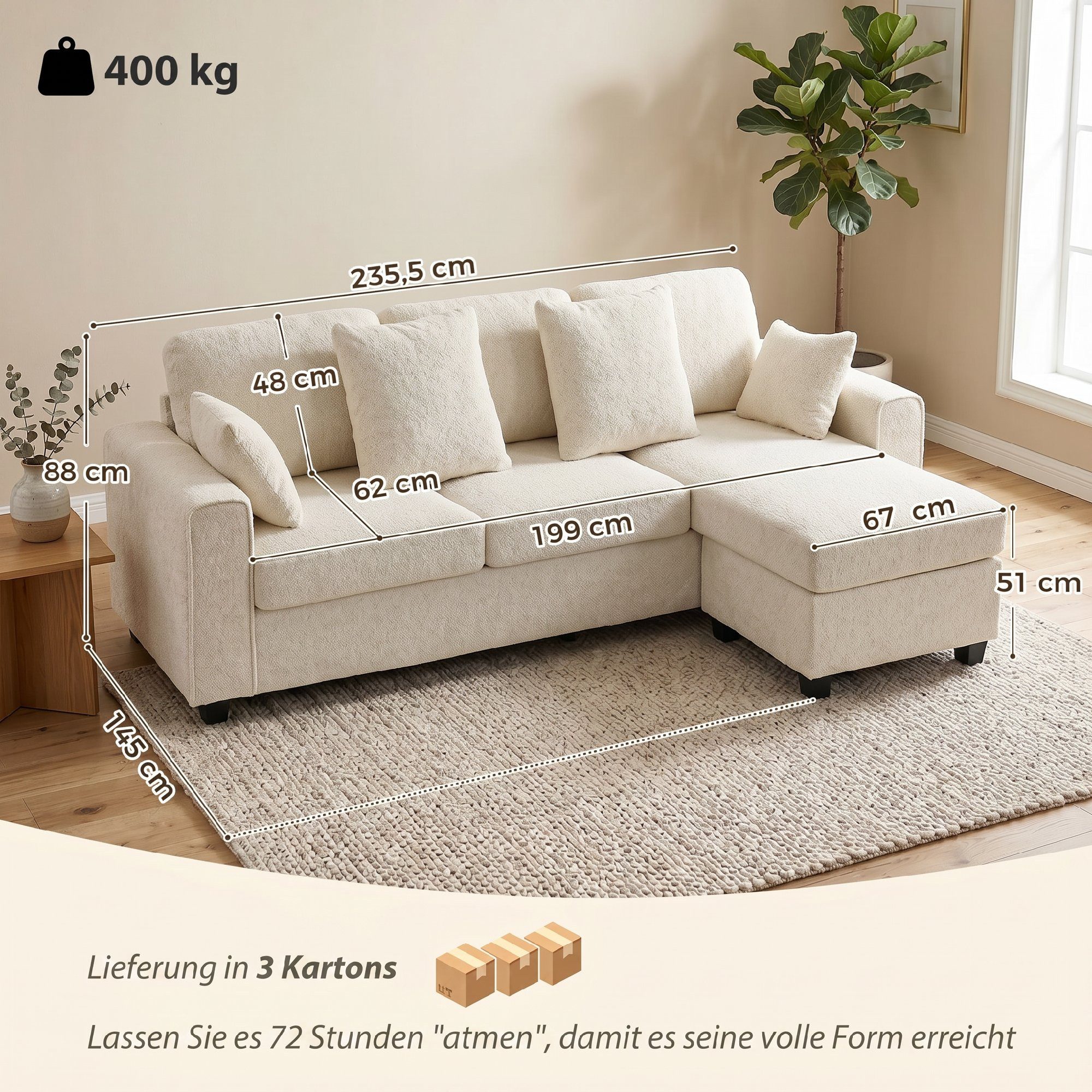 HOMCOM Ecksofa breite Sitzfläche Couch, Couch 1 Teile, 18 cm dicke Kissen, reversible Chaiselongue, robust bis 400 kg