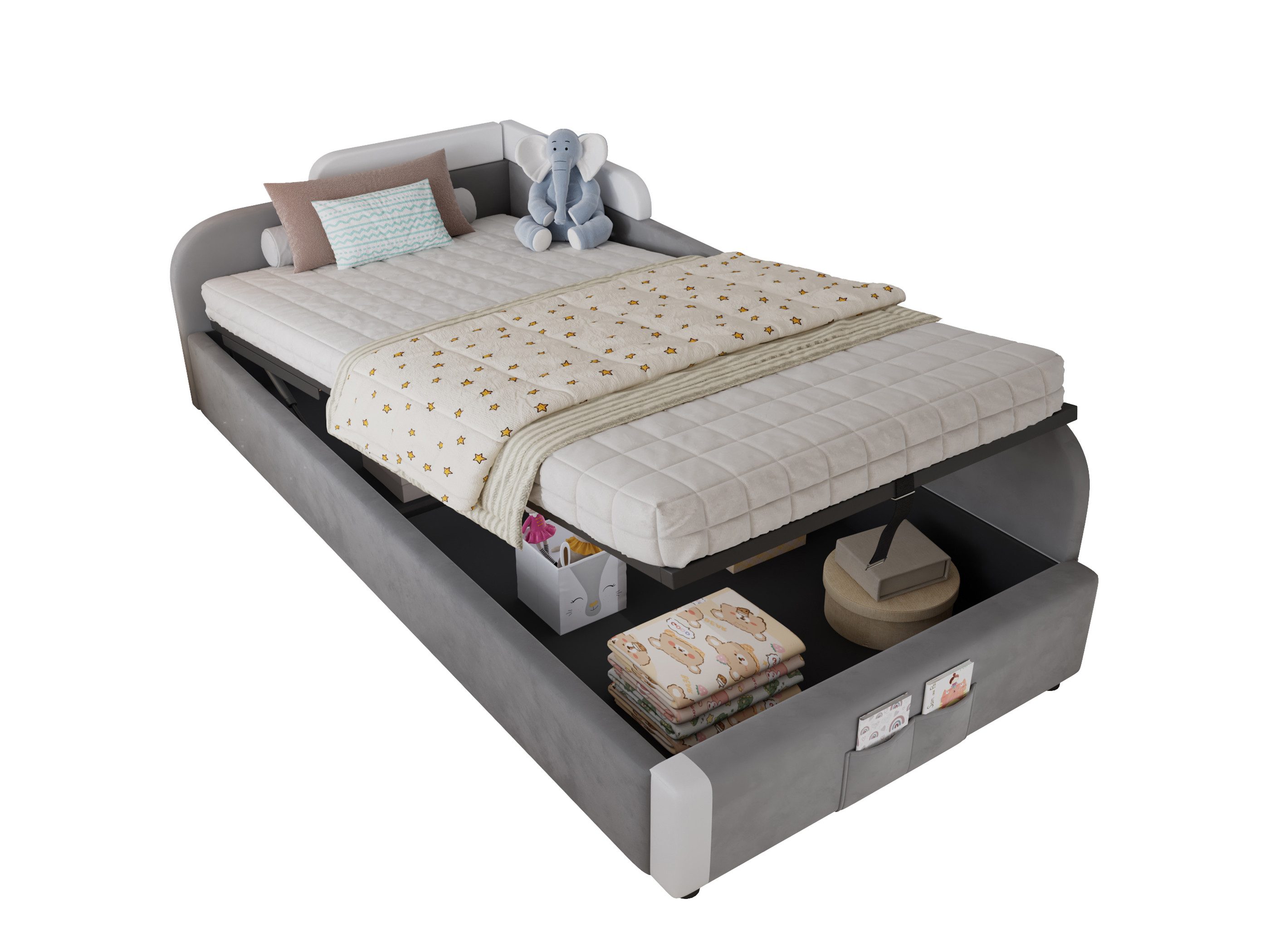 SeedWave Polsterbett Samt Tagesbett Hydraulisches Bett mit Stauraum,Schutzgeländer,90x200cm, Verstecker Stauraum darunter, Aufbewahrungstaschen
