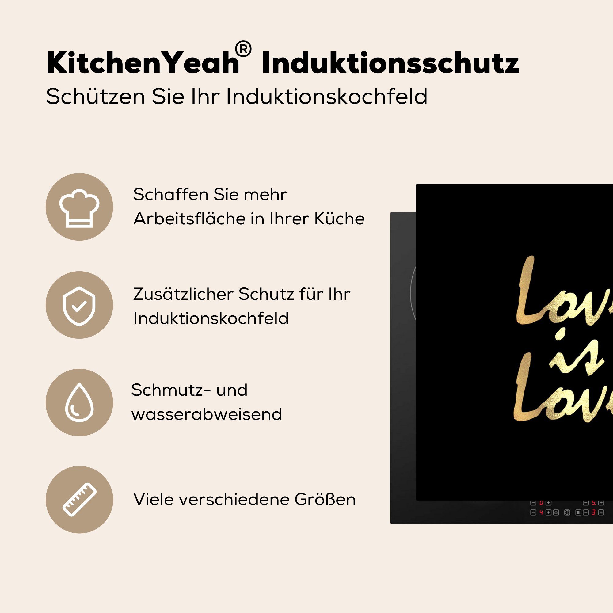- cm, Zitat Liebe Ceranfeldabdeckung, 78x78 Vinyl, tlg), Arbeitsplatte Gold, MuchoWow für - Herdblende-/Abdeckplatte (1 küche