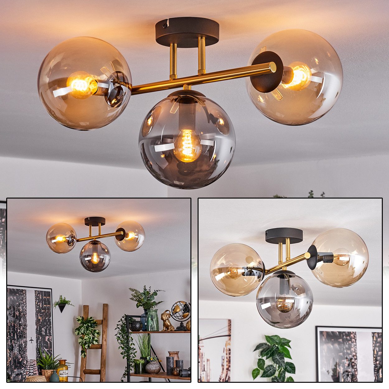 hofstein Deckenleuchte Deckenlampe aus Metall/Glas in Schwarz/Gold-/Bernstein-/Rauchfarben, ohne Leuchtmittel, Leuchte im Retro/Vintage-Design mit Glasschirm (15 cm), 3 x E14
