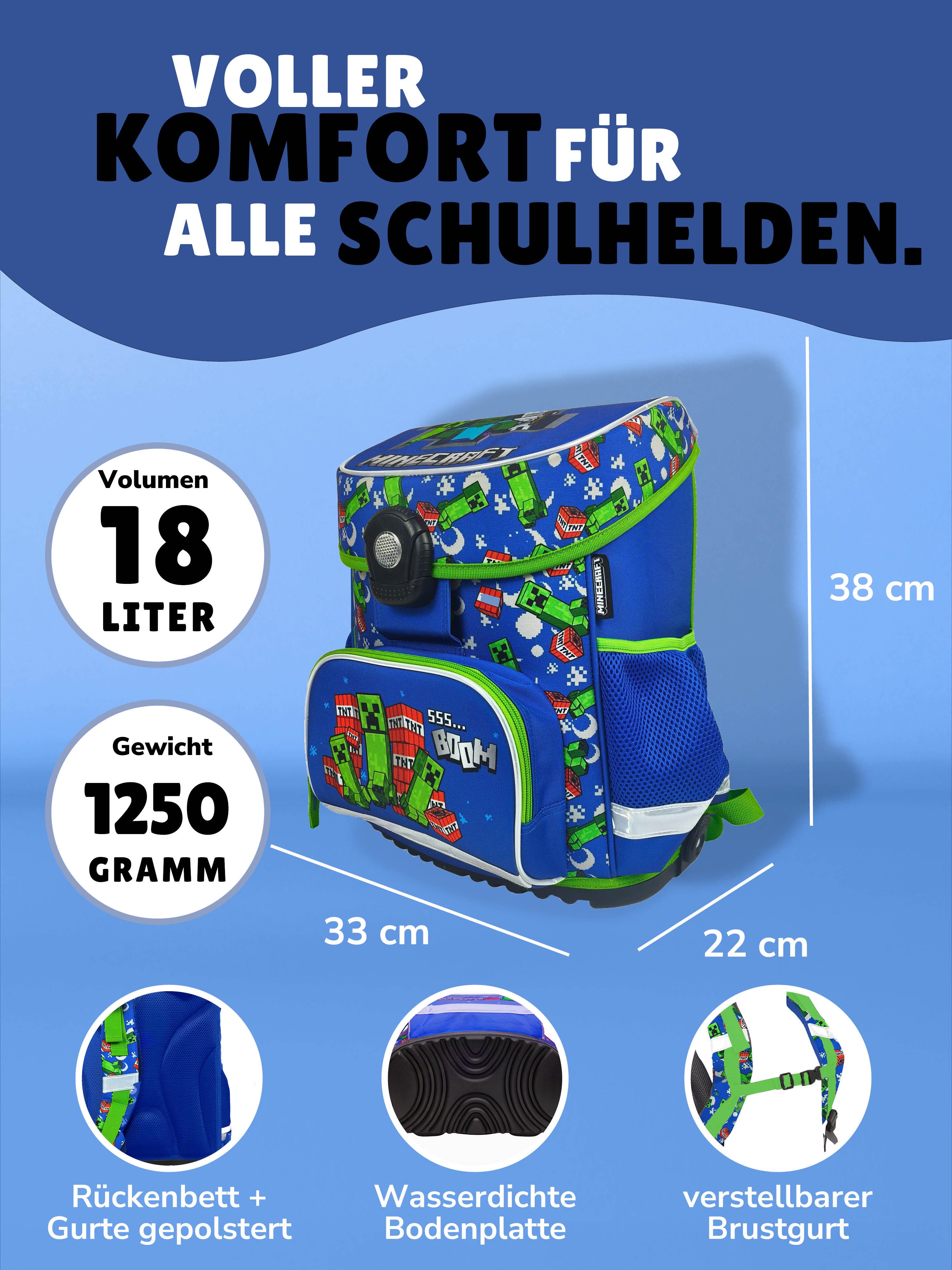Familando Schulranzen Minecraft 1.-4. Klasse ergonomisch, geräumig, Volumen 18 Liter (Set, 6-tlg., inkl. Federmäppchen und Sporttasche), MINECRAFT Motiv blau