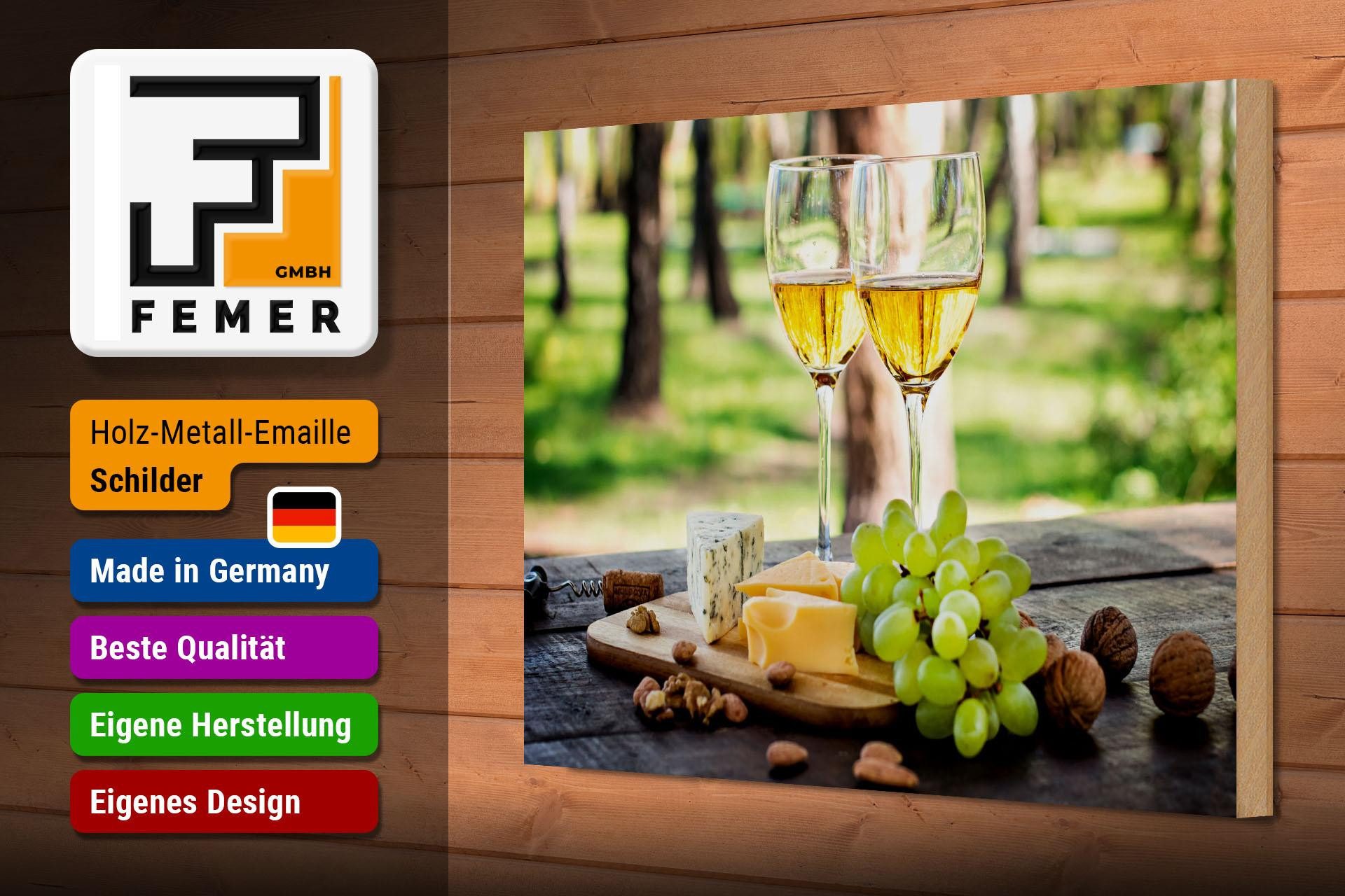 Femer GmbH Holzbild Trinken 20x30 cm Wein zwei Weißweingläser, (1 St), Glatte Holzfaserplatte (MDF), vorn beschichtet