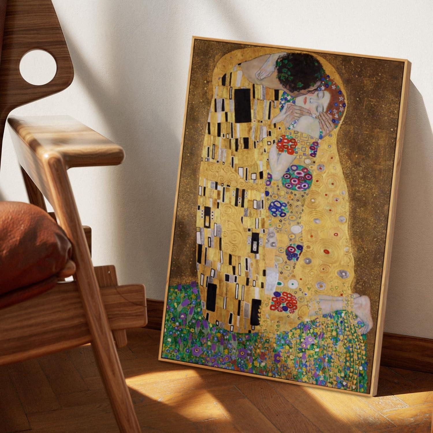LuxusKollektion Leinwandbild Leinwandbilder Gustav Klimt Kuss Kuss-Rahmen Holz 90L x 60B cm