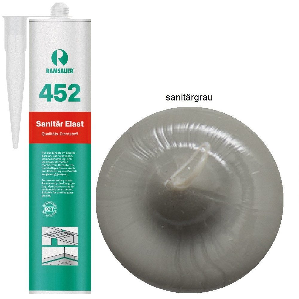 Ramsauer Dichtstoff Ramsauer 452 Sanitär Elast Silikon 310ml Kartusche Sanitärgrau, gebrauchsfertig, Gute Haftung auf glatten Oberflächen, Innen und Aussen