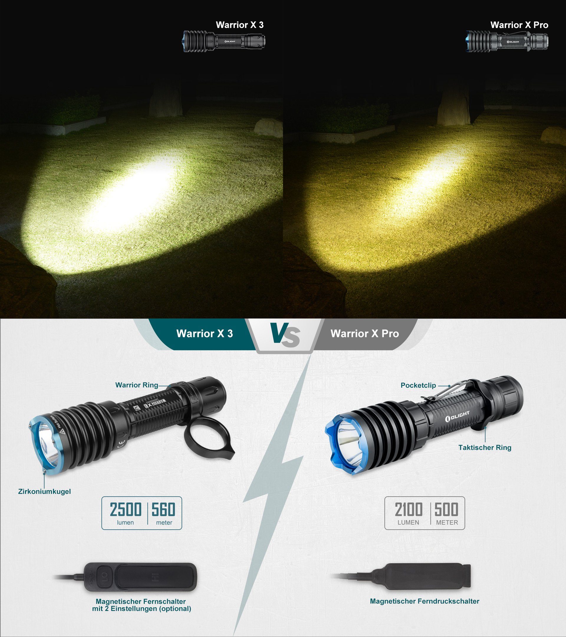 Leuchtweite Meter 560 LED 3 X Warrior Taschenlampe, schwarz 2500 OLIGHT Lumen Taschenlampe taktische