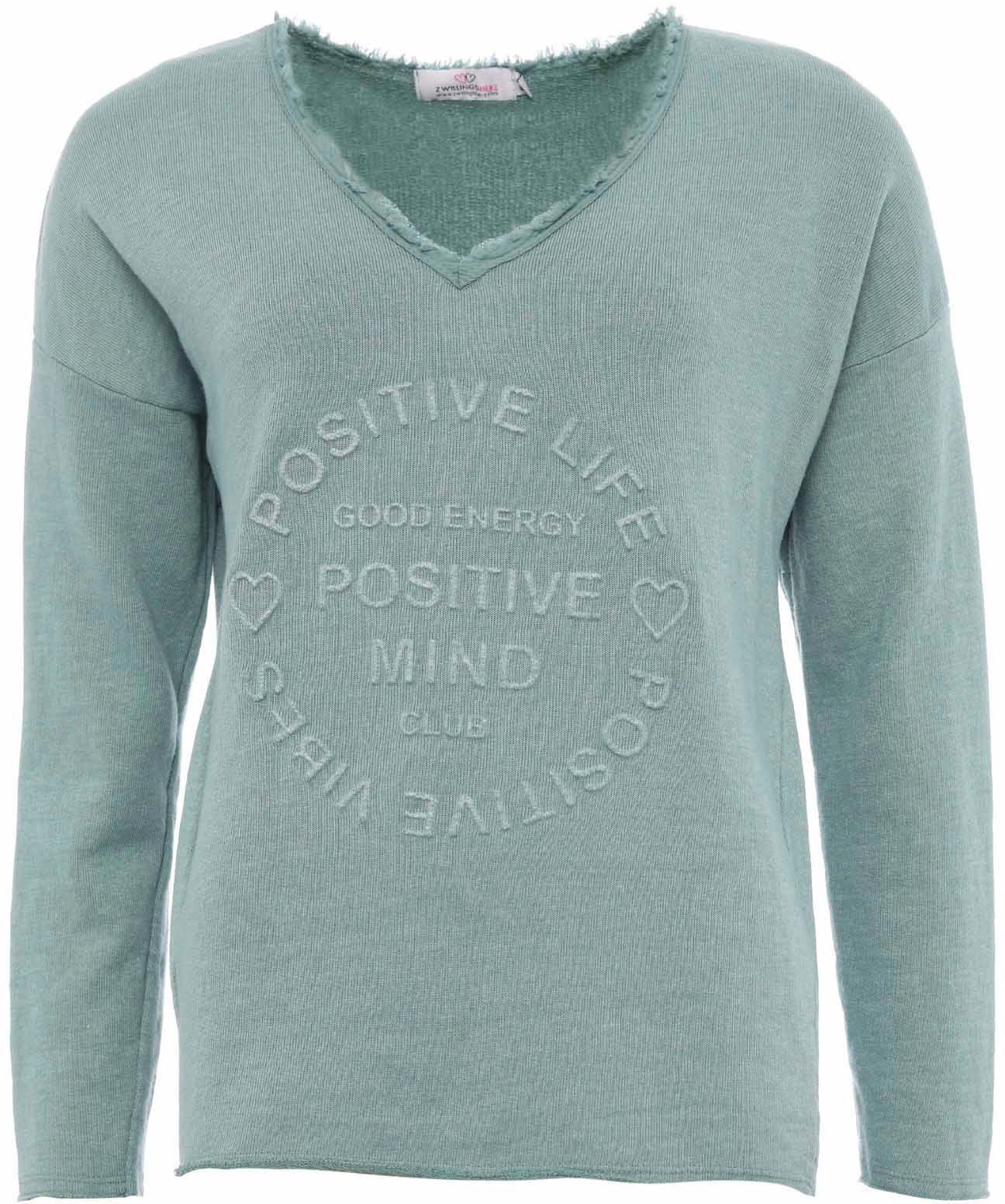 Zwillingsherz Sweatshirt "Positive Mind" ausgefranster V-Ausschnitt, Used Look, Langarm, Schriftzug – Bild 2 von 5
