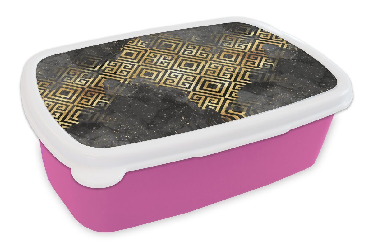 Brotbox Kinder, - Kunststoff Snackbox, MuchoWow Gold Brotdose Muster, Mädchen, rosa Lunchbox Marmor - für Erwachsene, (2-tlg), Kunststoff,