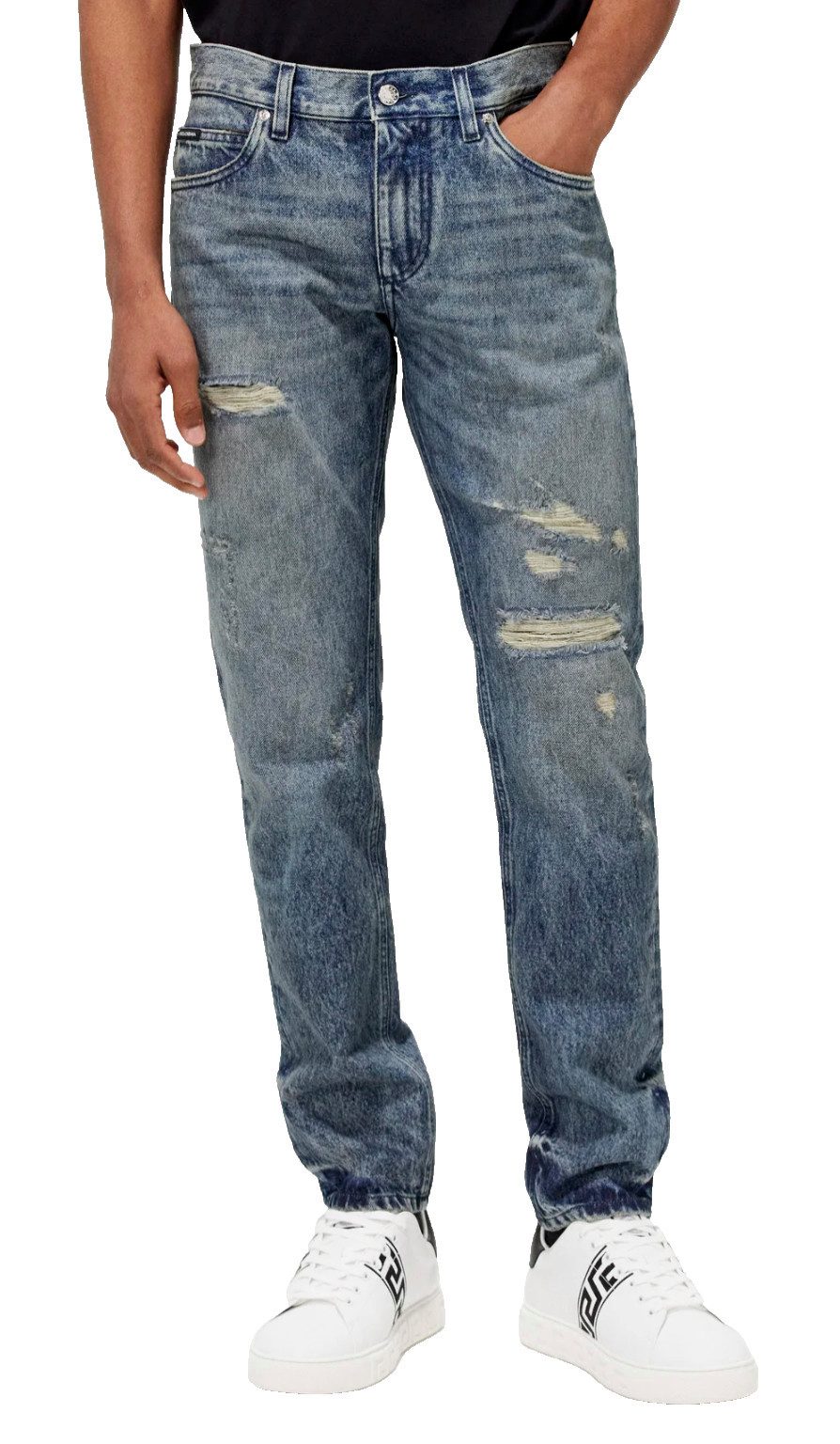 DOLCE & GABBANA 5-Pocket-Jeans Jeans Denim Hose Marble-effect Slim-Leg Pants S distressed Akzente,schmalen Beinen,Logoabzeichen auf der Gesäßtasche.