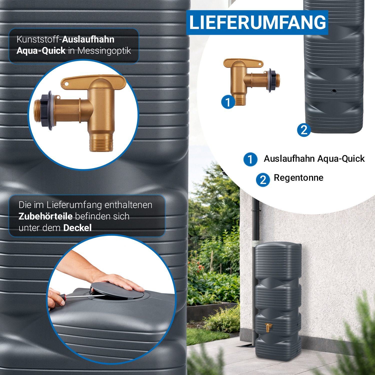 4rain Regentonne QUADRO Wandtank 170 Liter graphite grey, 170 l – Bild 4 von 5
