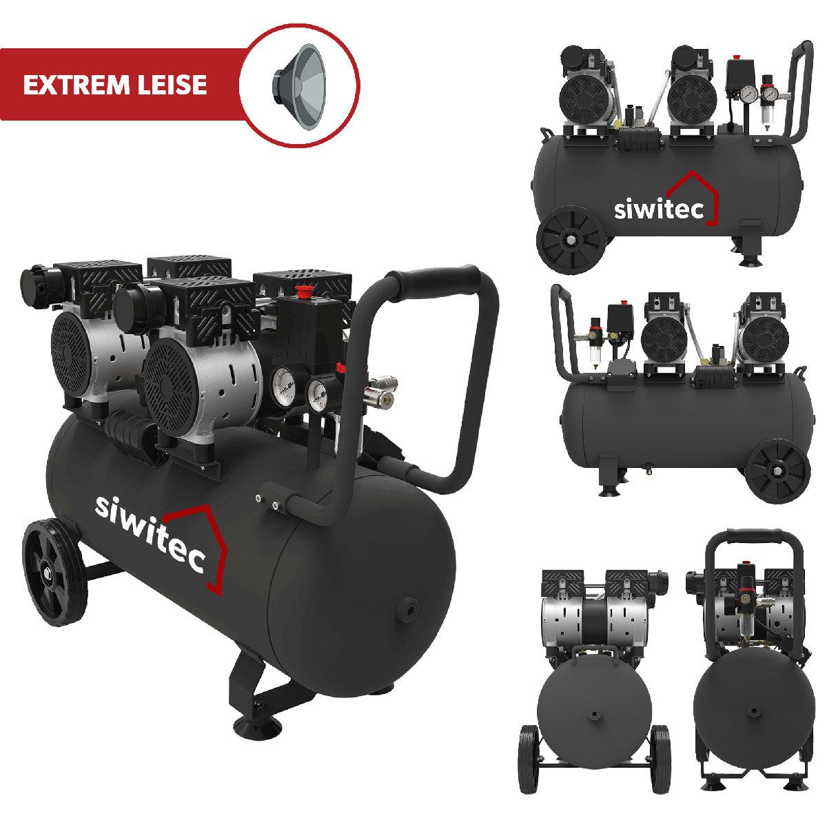 Thumbnail - siwitec Kompressor Flüsterkompressor SK-1500 inkl.10 m Druckluftschlauch, Druckluftpistol, 1500 W, max. 8,00 bar, 50,00 ...