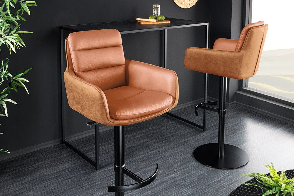 LebensWohnArt Stuhl Echtleder Barstuhl CHARLES cognac höhenverstellbar drehbar Armlehnen