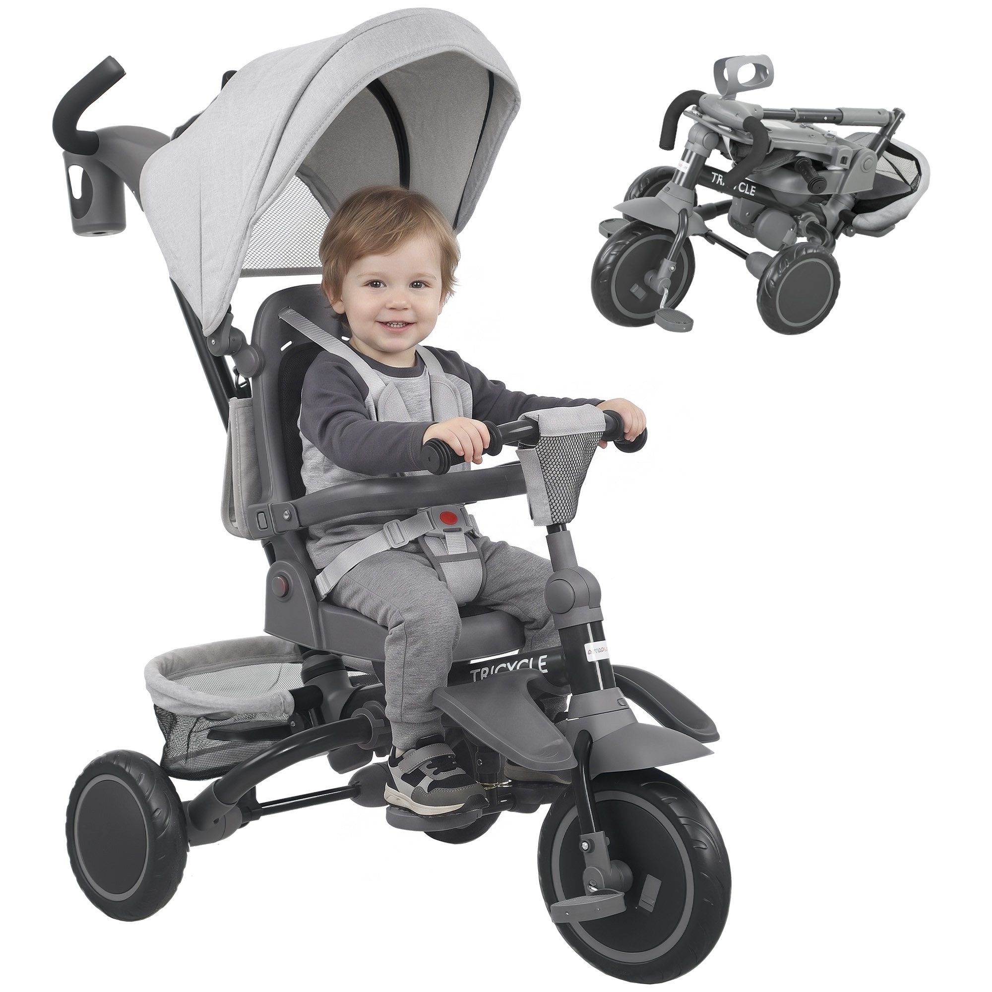 AIYAPLAY Dreirad 6in1 mit Schubstange Faltbar Kinderdreirad mit drehbarem Sitz, für 1-5 Jahre Grau