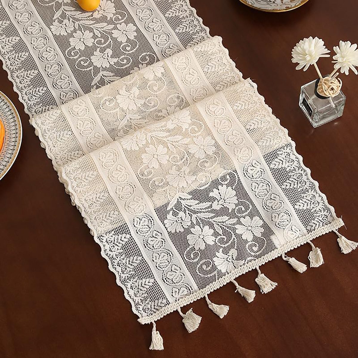FOUORTUNATE-BEE Tischläufer Spitzen Tischläufer Bestickter Spitze Tischläufer mit Blumen Muster (Vintage Tischläufer Spitzentischdecken Rechteckige Tischdecke, für Haus, Esszimmer, Hochzeit Party-Dekoratio)