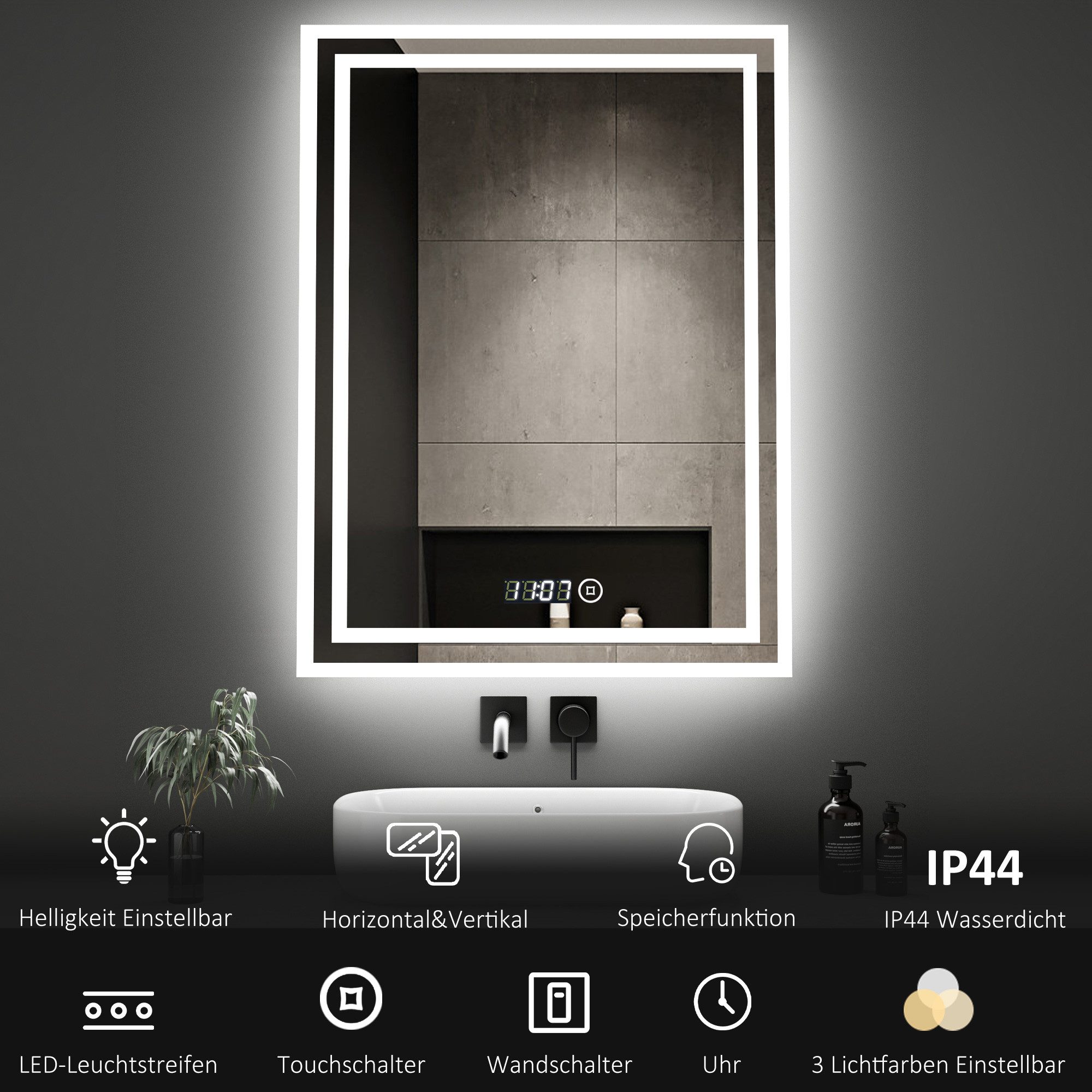 WDWRITTI Spiegel Badspiegel Led 50x70 mit Uhr Wandspiegel mit beleuchtung 3 günstig online kaufen