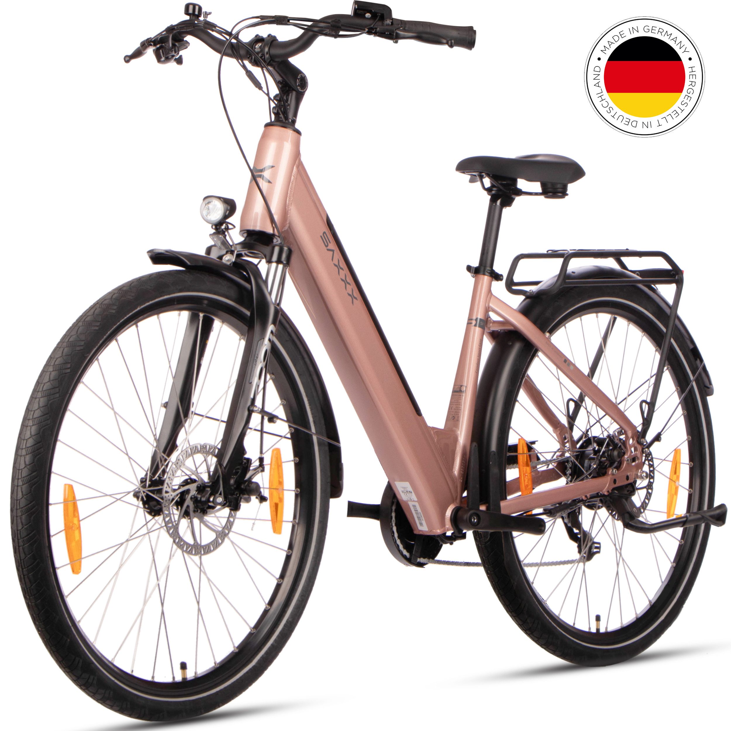 SAXXX E-Bike Cityrad 28 Zoll Elektrofahhrrad für Damen, 468Wh, RH: 45cm, max. 100km, 7 Gang SHIMANO Tourney Schaltwerk, Kettenschaltung, Heckmotor, 468 Wh, (mit Gepäckträger, mit entnehmbarem Akku, 95 % vormontiert), E-Citybike, Pedelec mit Tiefeinsteiger Alurahmen, bis 130kg