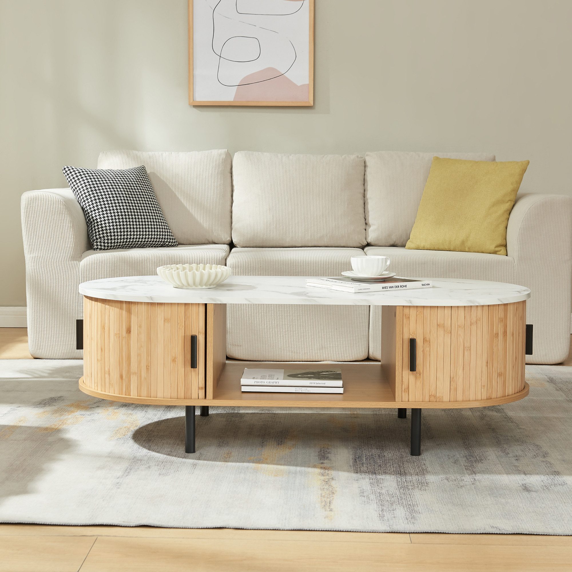 en.casa Couchtisch, »Tvedestrand« mit 2 Türen Metallbeine 120x55x40 cm Marmorweiß/Natur