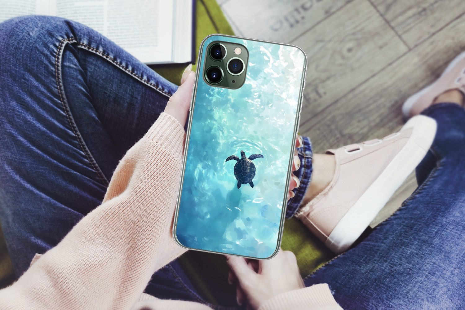 MuchoWow Handyhülle für Apple iPhone 11 Pro Max Schildkröte - Meer - Blau - Glitzern, Smartphone-Bumper, Print, Handy Schutzhülle Dünn