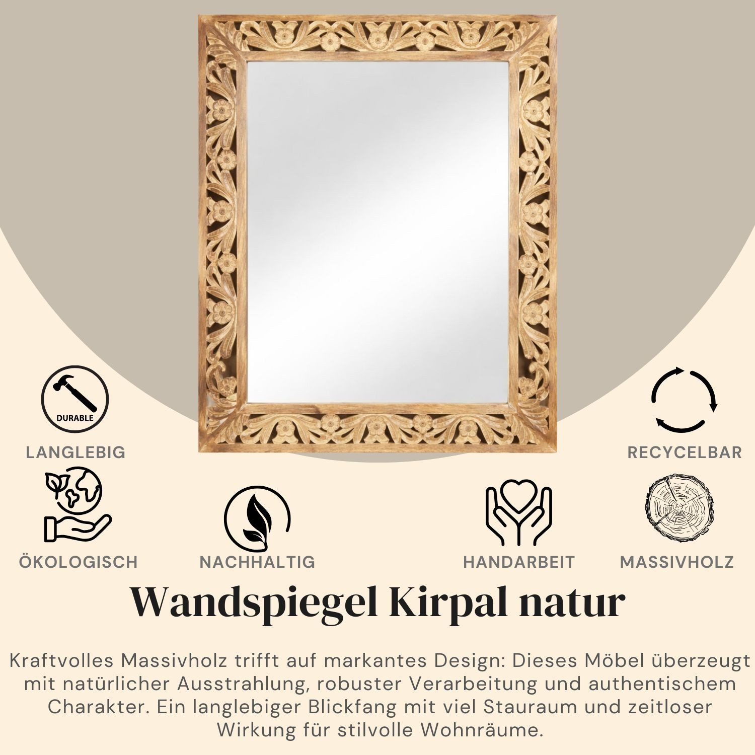 Marrakesch Orient & Mediterran Interior Wandspiegel Wandspiegel Kirpal Natur orientalisch Massivholz 79cm (1-St), Handarbeit