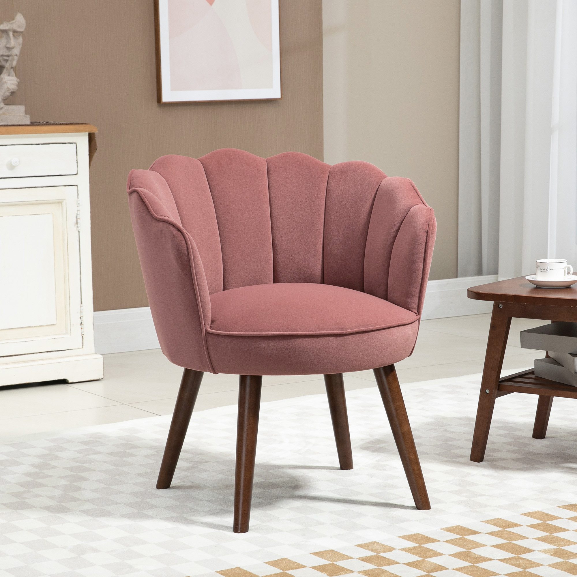 HOMCOM Barhocker Sessel Wohnzimmer in Muschelform mit Holzbeine (Wohnzimmerstuhl, 1 St., Esszimmerstuhl), Polyester Gummiholz Rosa 66 x 66 x 78,5 cm