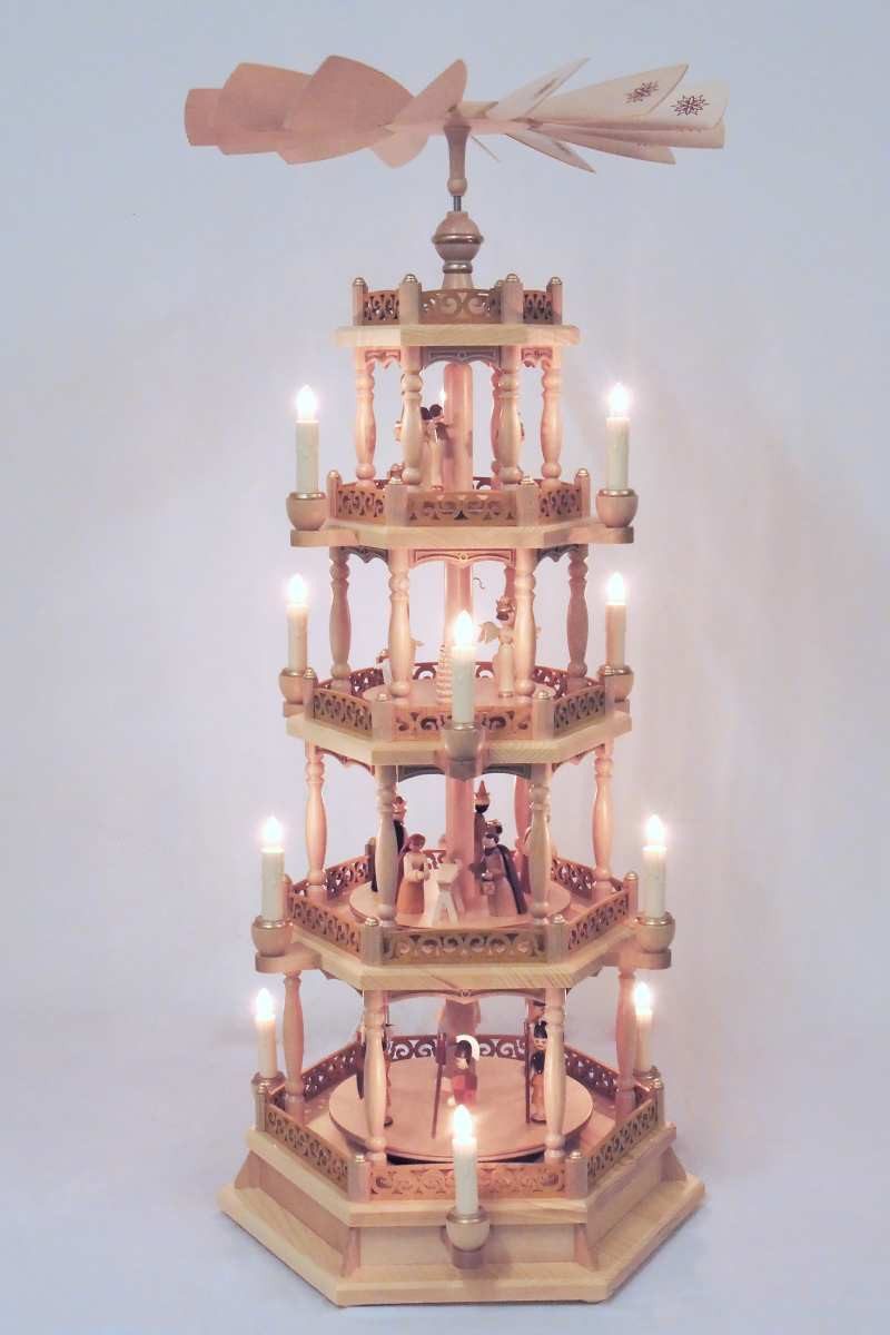 Weihnachtspyramide Christi Geburt natur, 4-stöckig, elektrisch bel. u. betr., Höhe 86cm