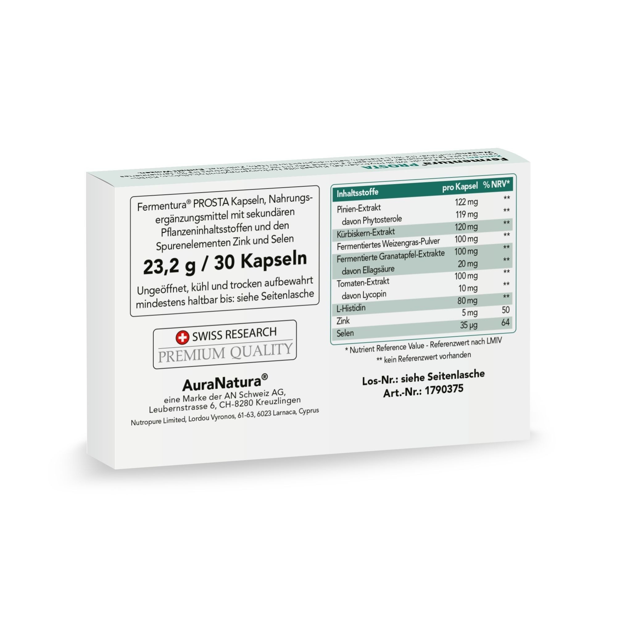 Aura Natura Fermentura Prosta - Prostata Komplex mit Weizengras, Zink & Selen Kapseln, 1 er Packung à 30 St., Prostata Komplex mit Kürbiskern-Extrakt