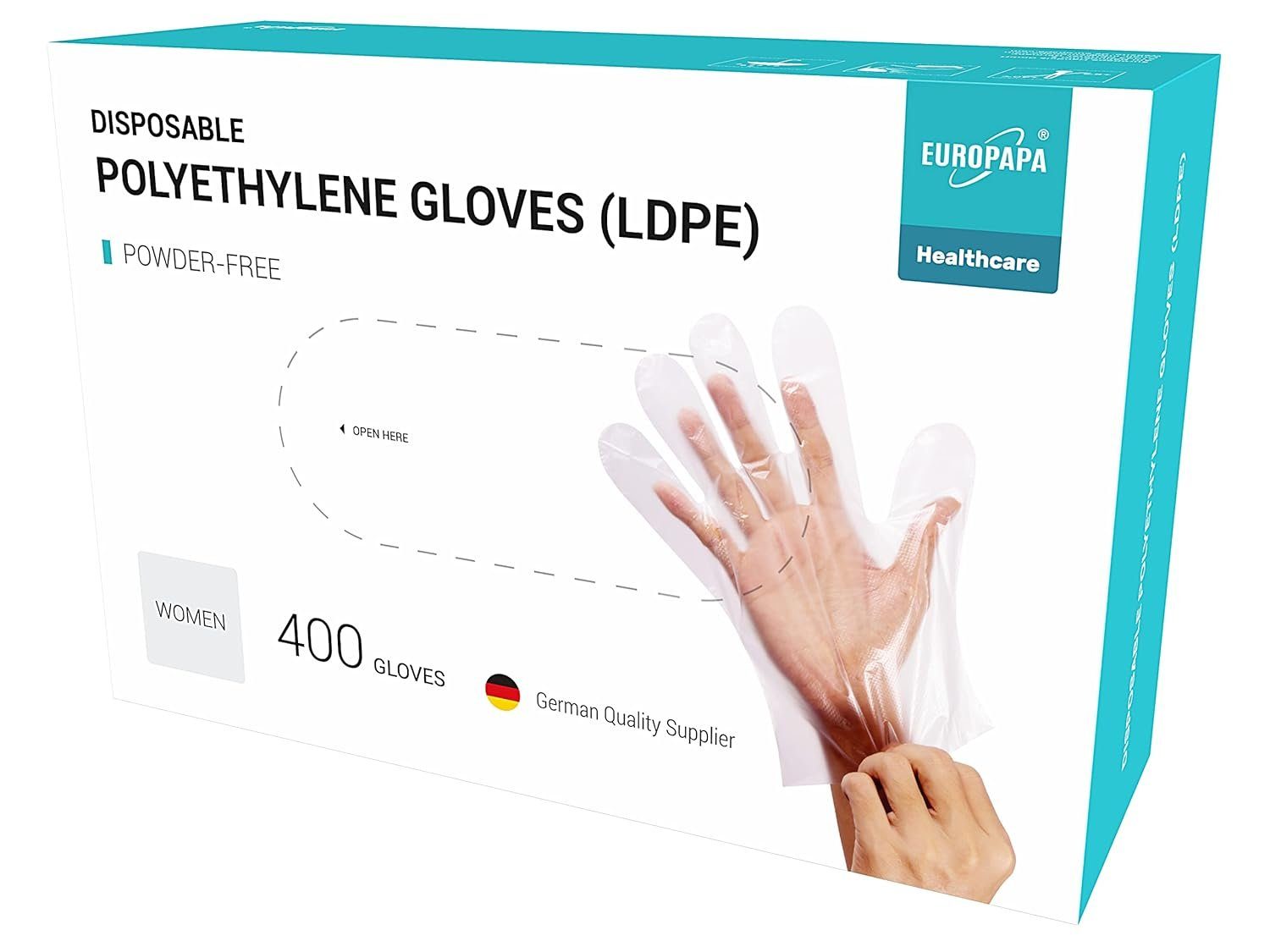 EUROPAPA Einweghandschuhe Vorteilspack LDPE Einweghandschuhe in Box (400-St., Einmalhandschuhe) latexfrei puderfrei Handschuhe in Damen Größe Herren Größe